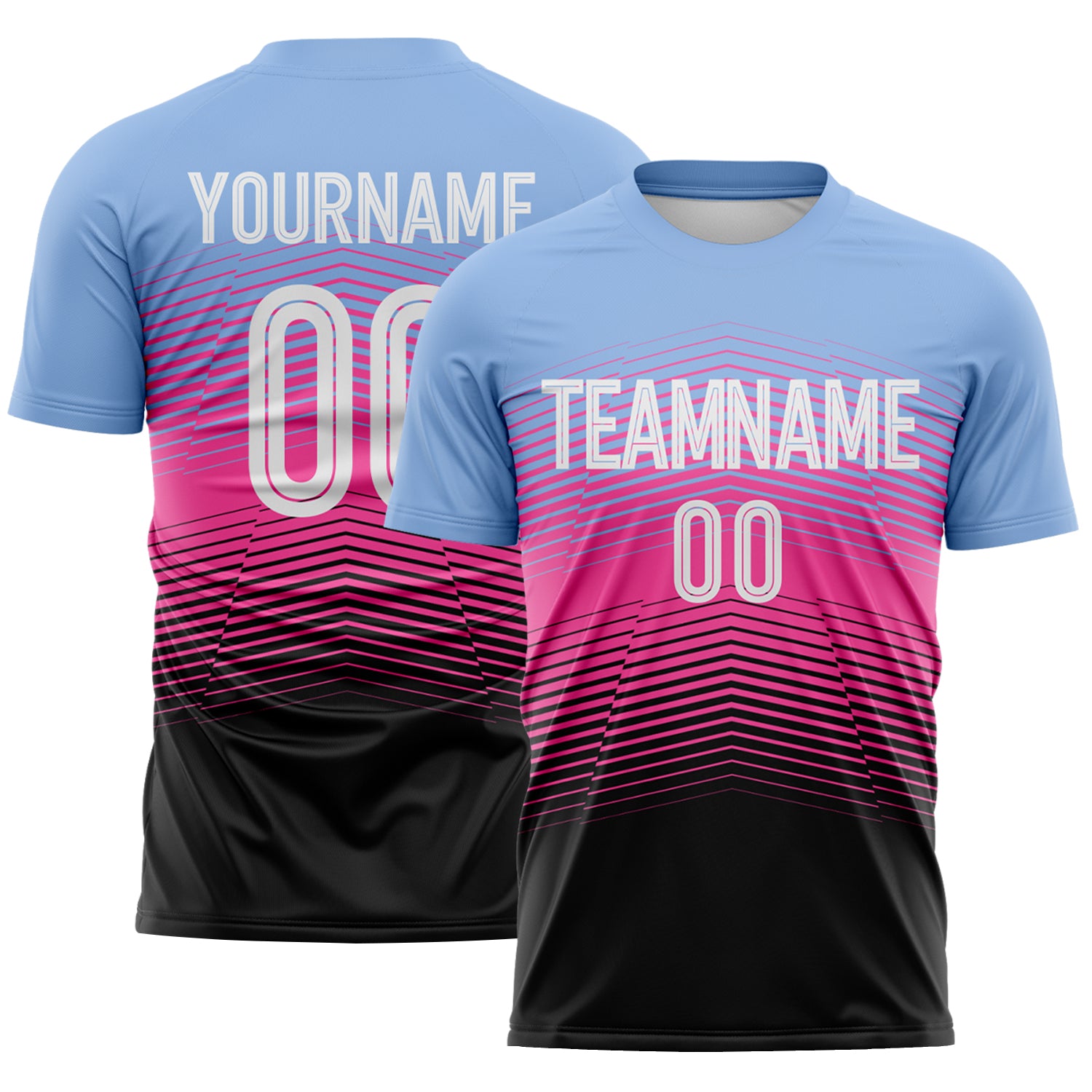 FansIdea Custom Light Blue White Pink-Black Gradient V Stripe Sublimation Soccer Uniform Jersey - $16.99 at Proof Eyewear