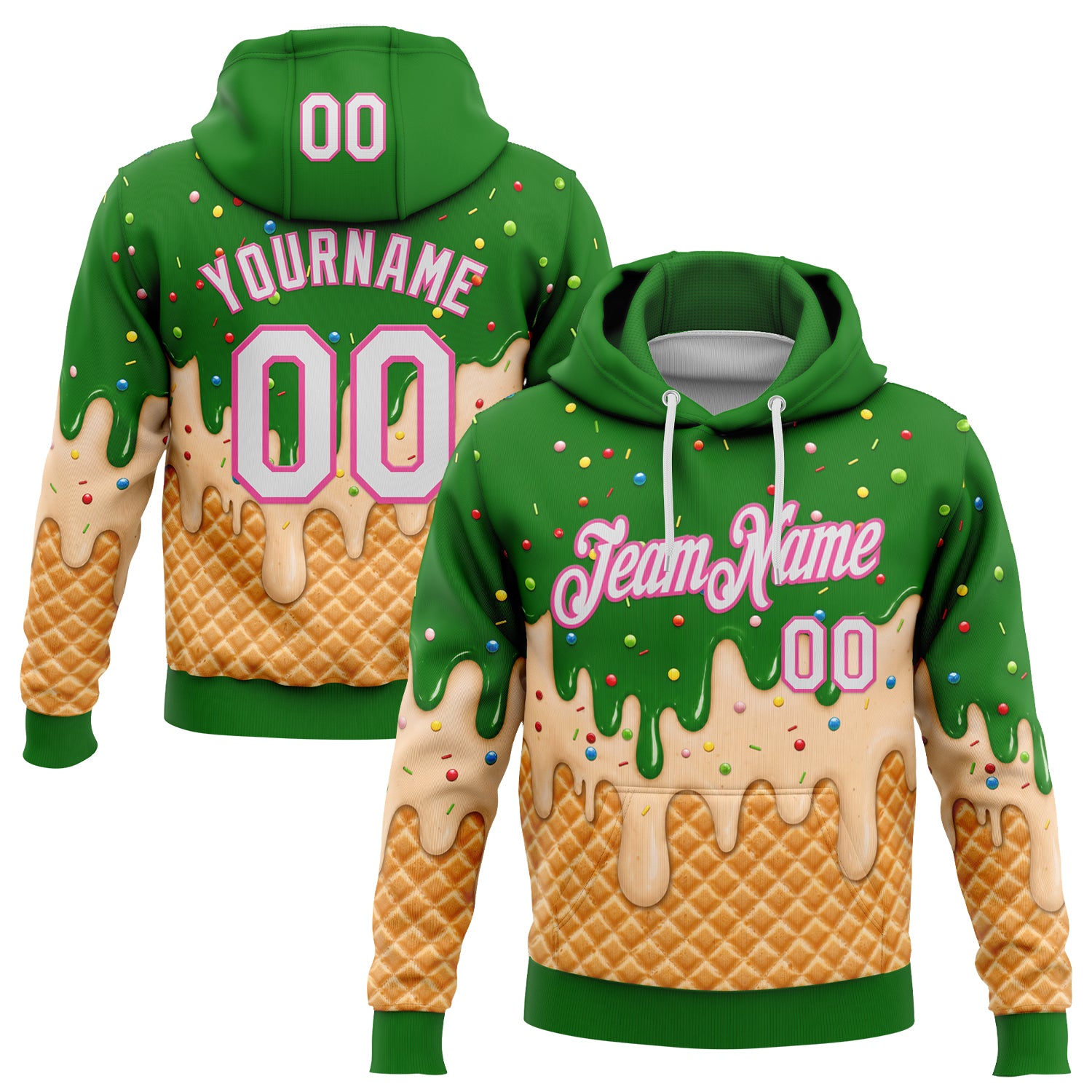 FansIdea Custom Stitched Light Kelly Green White-Pink Ice Cream Waffle Foodie Dessert Pullover Sweatshirt Hoodie - $32.99 at Proof Eyewear