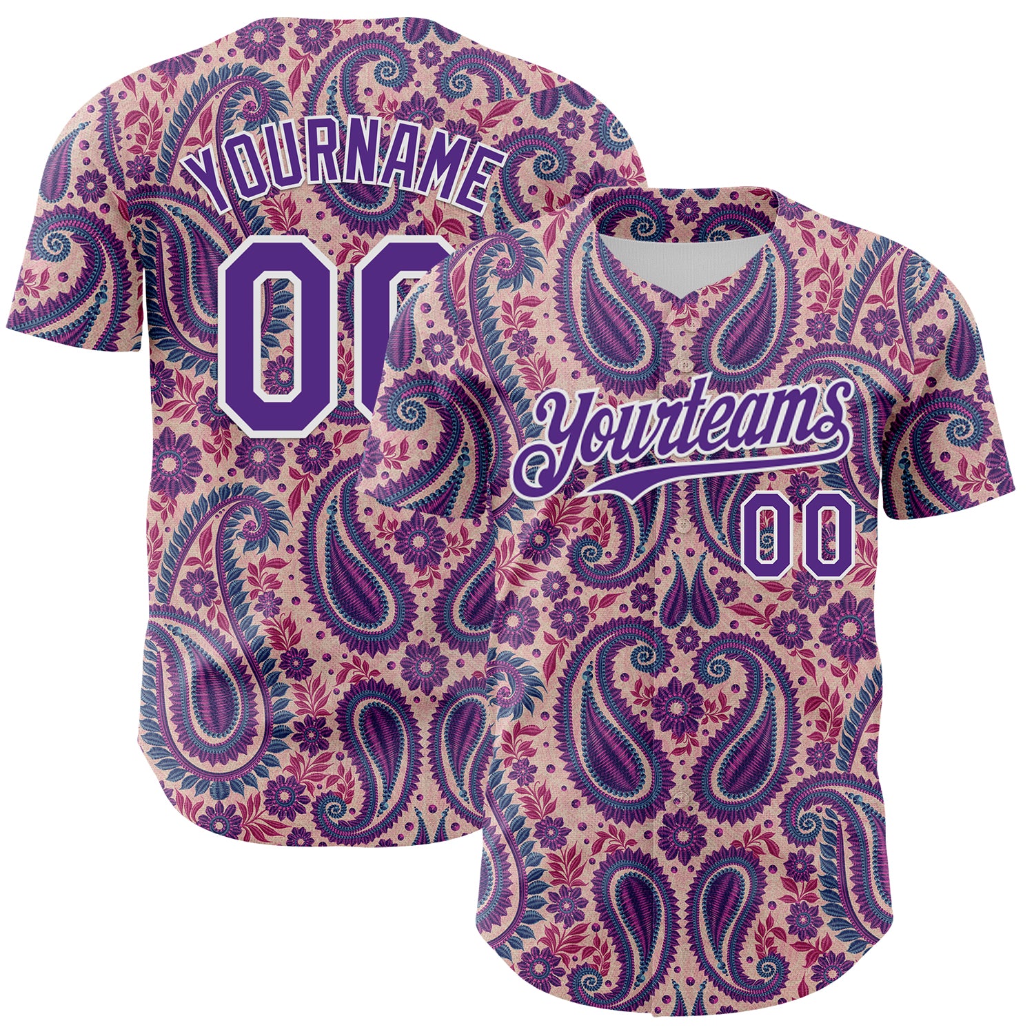 FansIdea Custom Light Pink Purple-White Rave Party Ethnic Paisley Bandana Authentic Baseball Jersey - $29.99 at Proof Eyewear