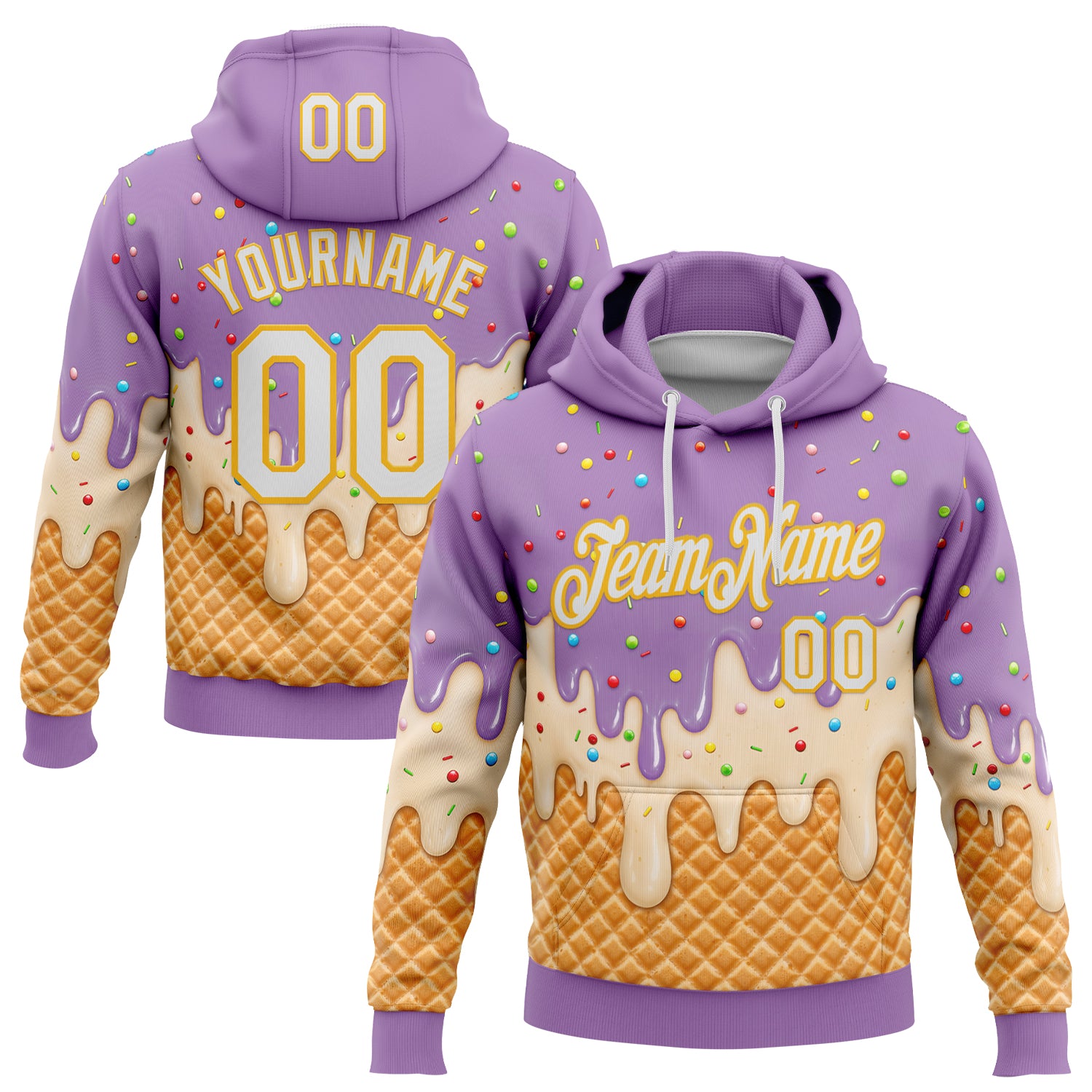 FansIdea Custom Stitched Light Purple White-Gold Ice Cream Waffle Foodie Dessert Pullover Sweatshirt Hoodie - $32.99 at Proof Eyewear