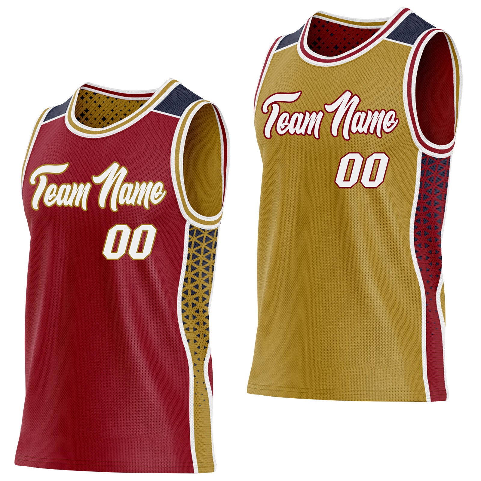 FansIdea Custom Maroon White Old Gold-Navy Side Panel Stripe Geometric Triangle Gradient Dot Reversible Double Side Sublimation Basketball Set Jersey - $17.99 at Proof Eyewear
