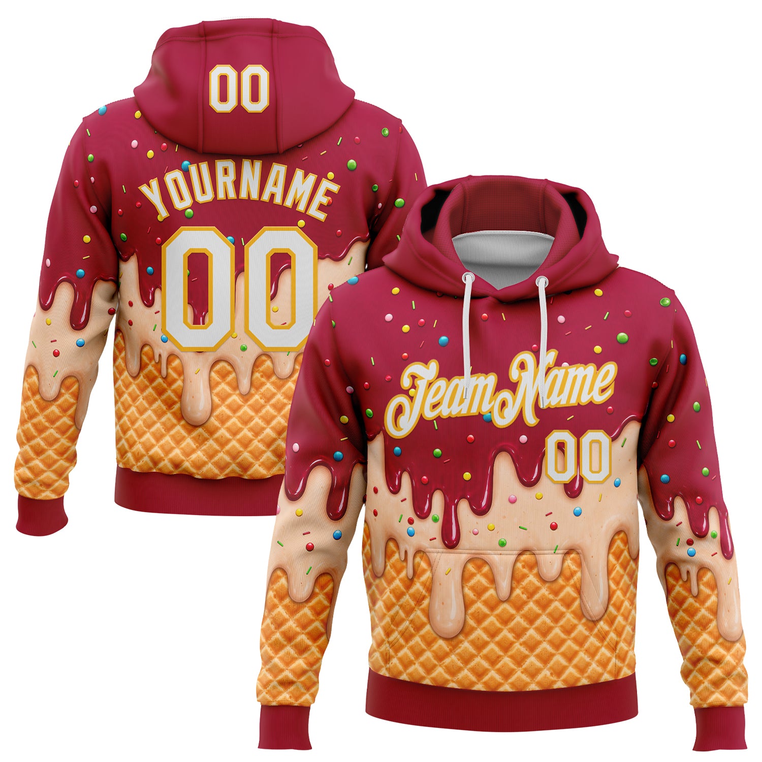 FansIdea Custom Stitched Maroon White-Gold Ice Cream Waffle Foodie Dessert Pullover Sweatshirt Hoodie - $32.99 at Proof Eyewear
