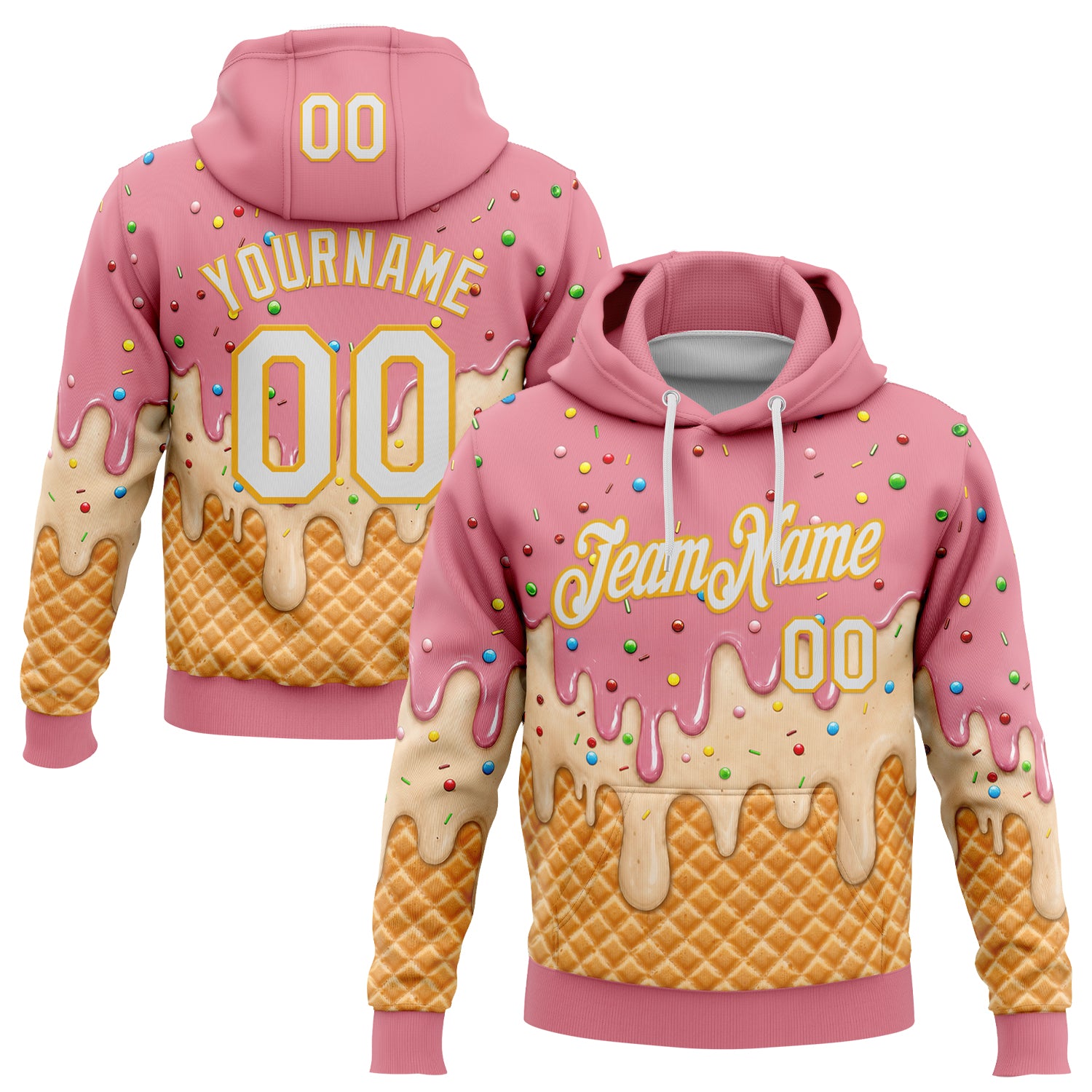 FansIdea Custom Stitched Medium Pink White-Gold Ice Cream Waffle Foodie Dessert Pullover Sweatshirt Hoodie - $32.99 at Proof Eyewear