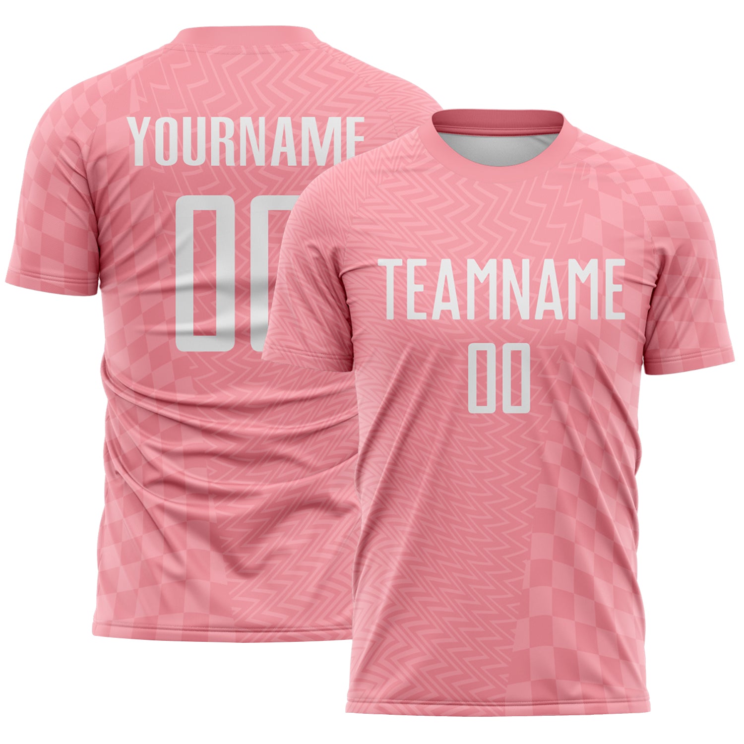 FansIdea Custom Medium Pink-White Geometric Patchwork Asymmetry Checkered Zigzag Lines Sublimation Soccer Uniform Jersey - $16.99 at Proof Eyewear
