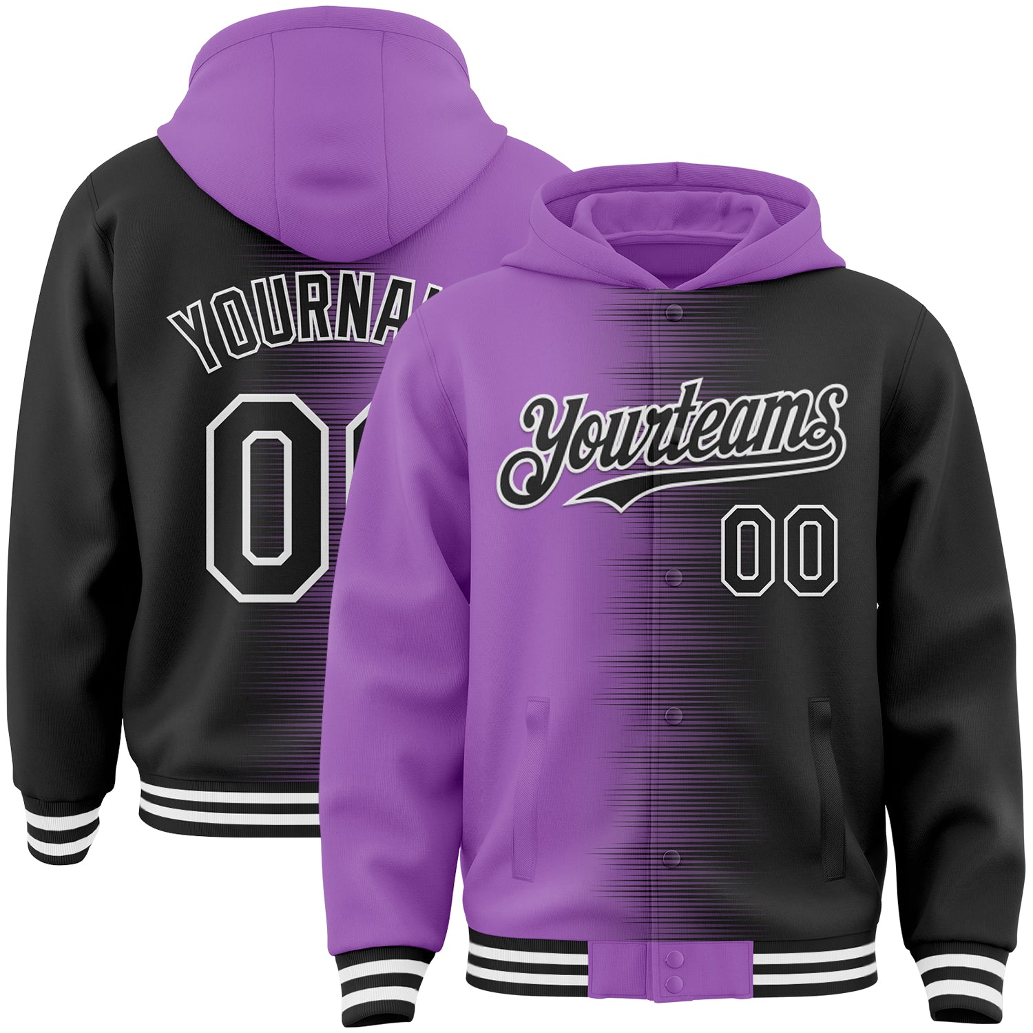 FansIdea Custom Medium Purple Black-White Gradient Line Bomber Full-Snap Varsity Letterman Hoodie Jacket - $38.99 at Proof Eyewear
