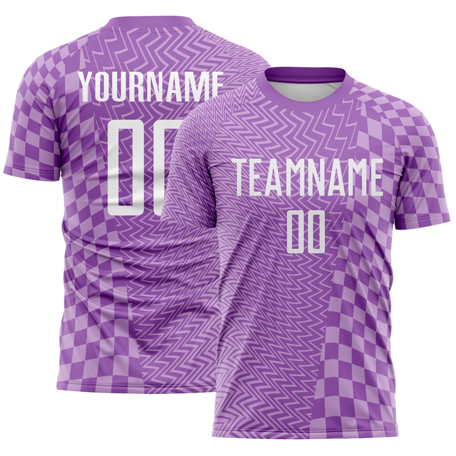 FansIdea Custom Medium Purple White-Light Purple Geometric Patchwork Asymmetry Checkered Zigzag Lines Sublimation Soccer Uniform Jersey - $16.99 at Proof Eyewear