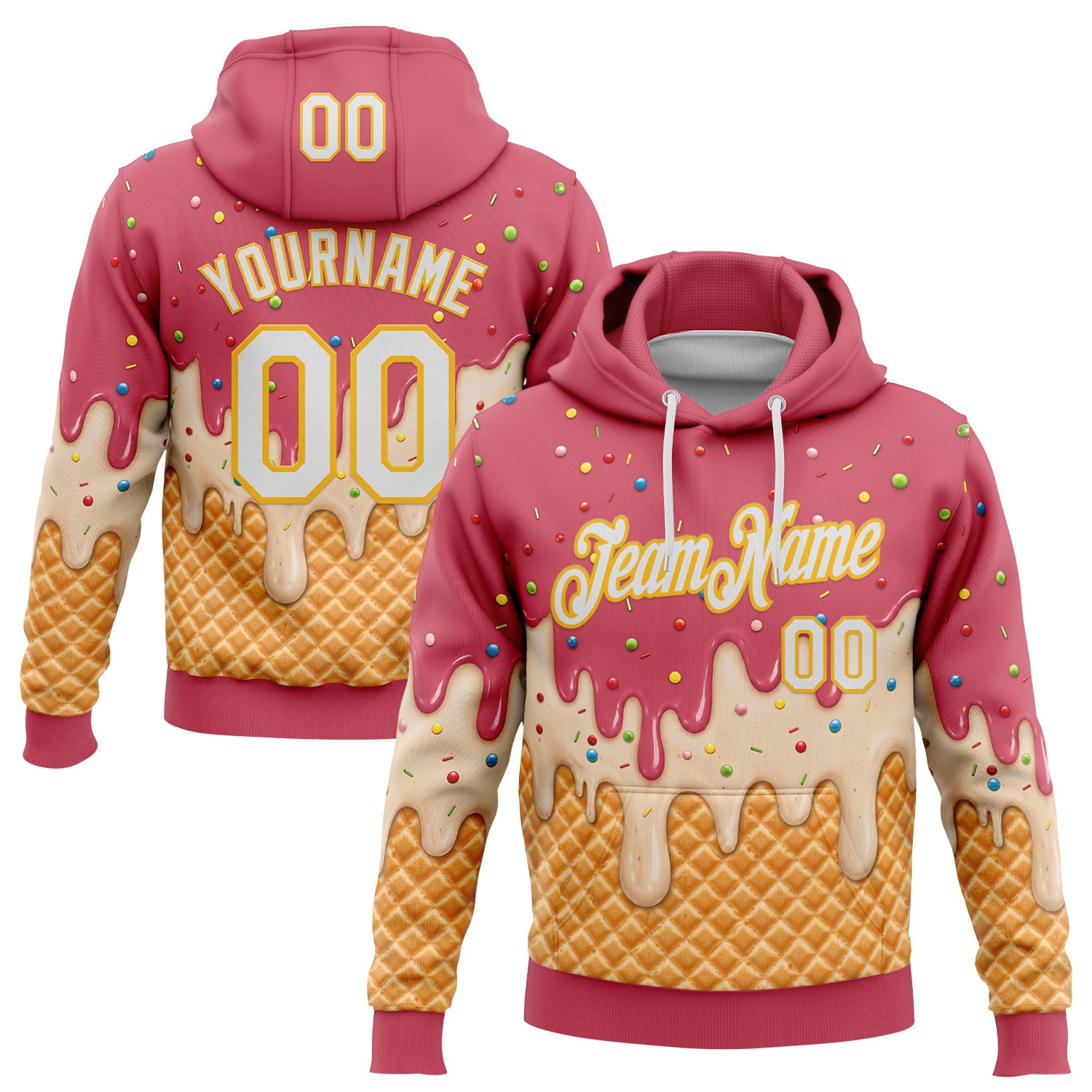 FansIdea Custom Stitched Medium Red White-Gold Ice Cream Waffle Foodie Dessert Pullover Sweatshirt Hoodie - $32.99 at Proof Eyewear