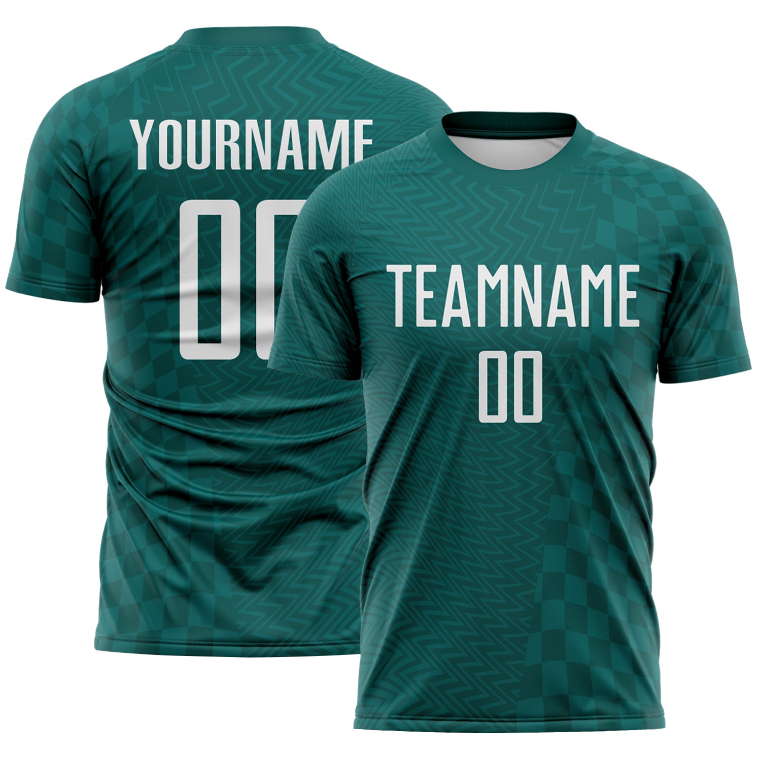 FansIdea Custom Midnight Green-White Geometric Patchwork Asymmetry Checkered Zigzag Lines Sublimation Soccer Uniform Jersey - $16.99 at Proof Eyewear