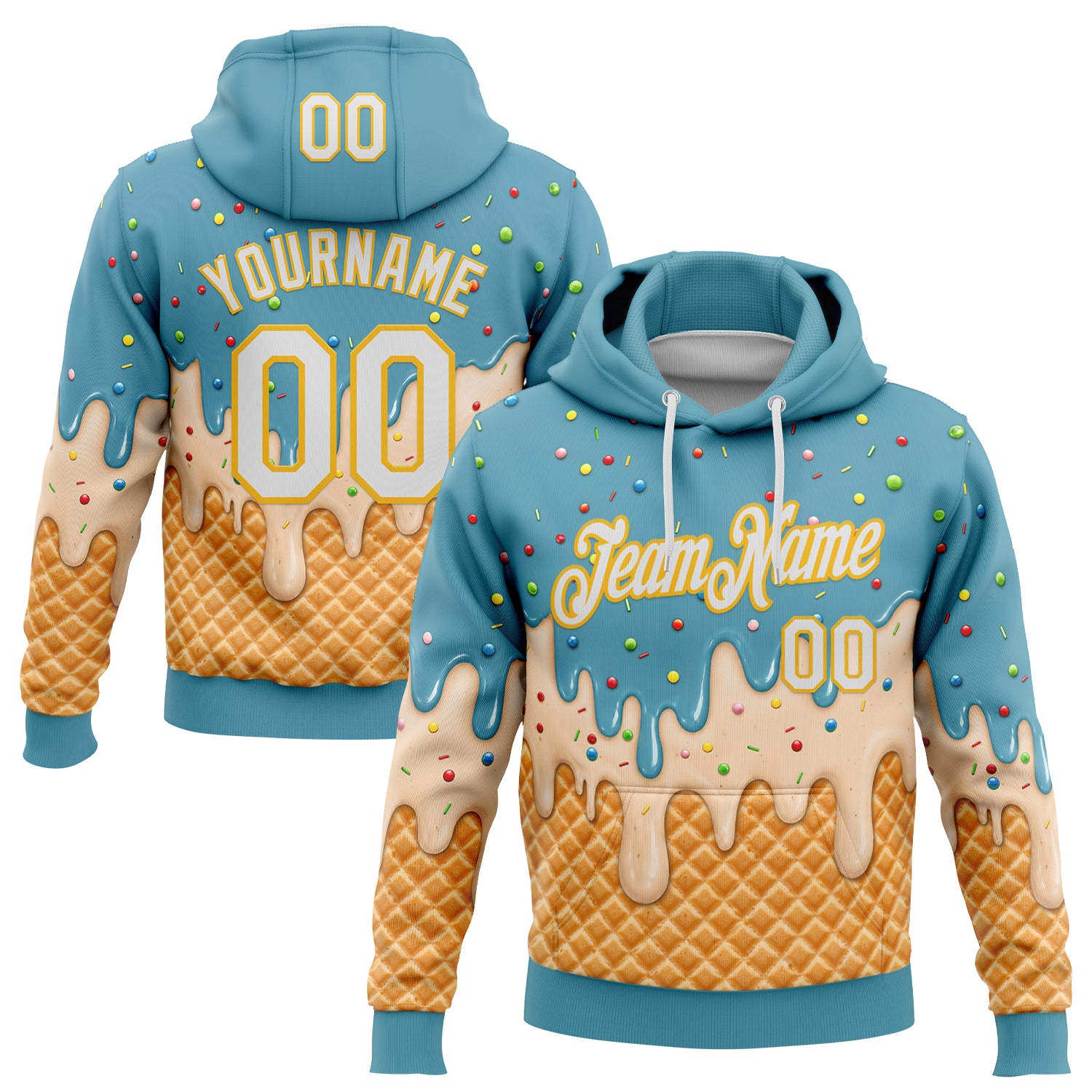 FansIdea Custom Stitched Mint Aqua White-Gold Ice Cream Waffle Foodie Dessert Pullover Sweatshirt Hoodie - $32.99 at Proof Eyewear