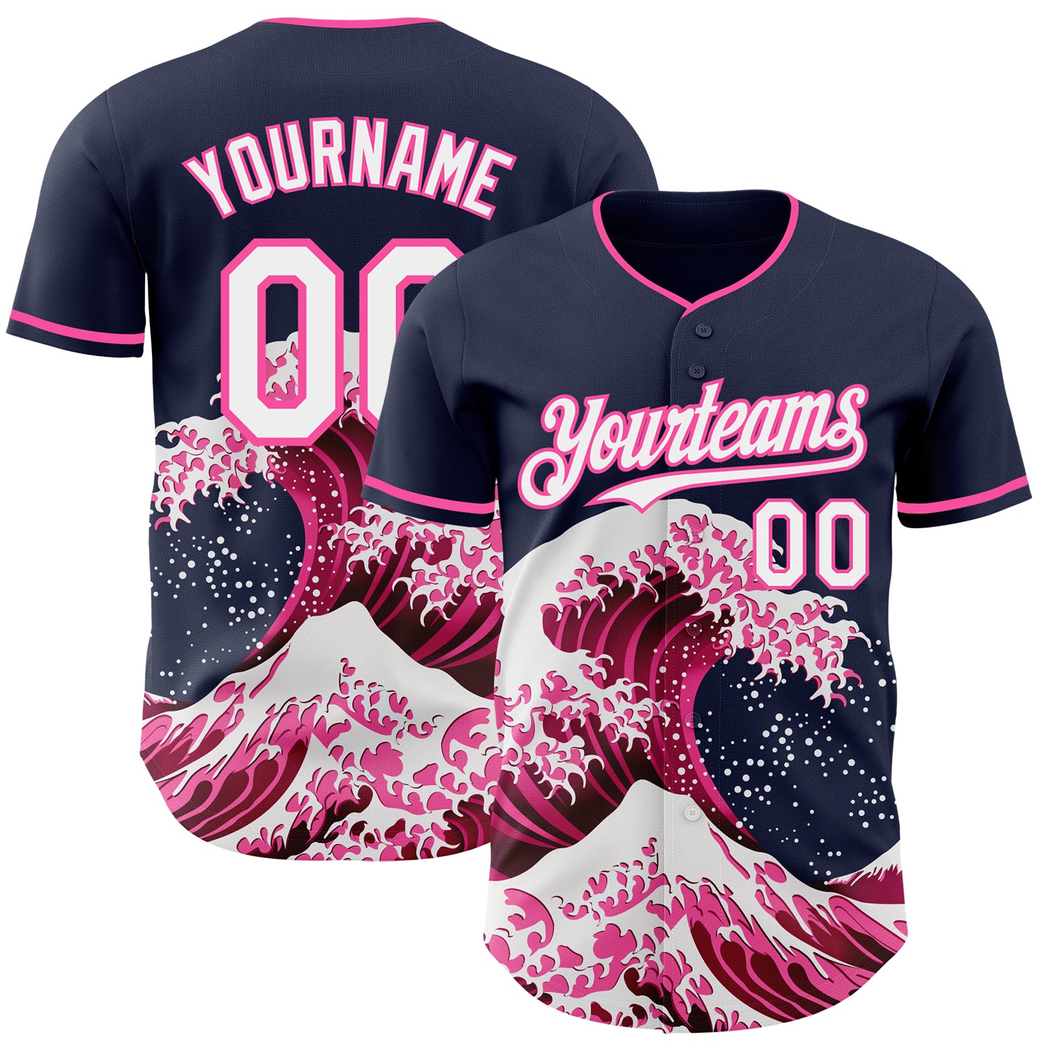 FansIdea Custom Navy White-Pink Japanese Wave Authentic Baseball Jersey - $29.99 at Proof Eyewear