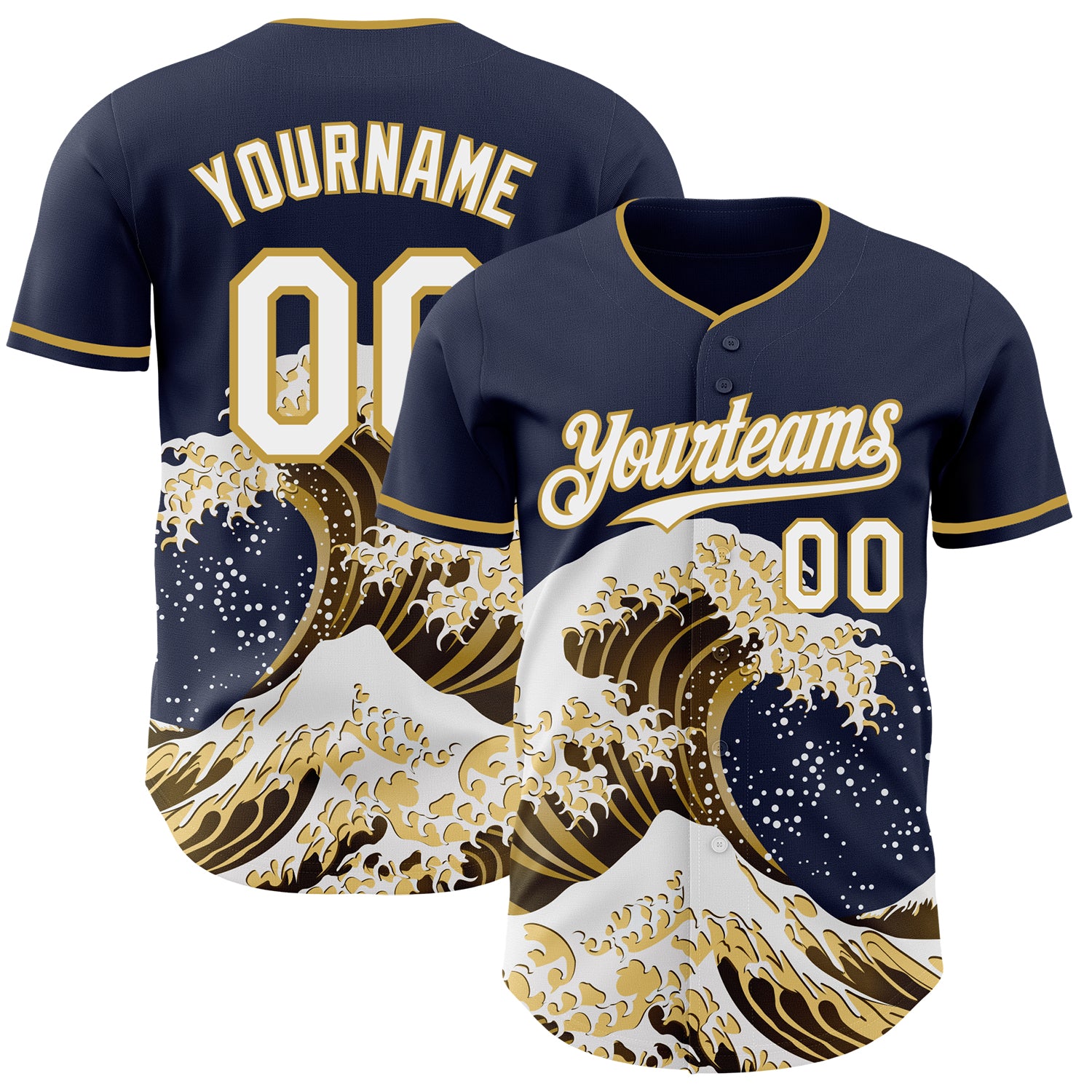 FansIdea Custom Navy White-Old Gold Japanese Wave Authentic Baseball Jersey - $29.99 at Proof Eyewear