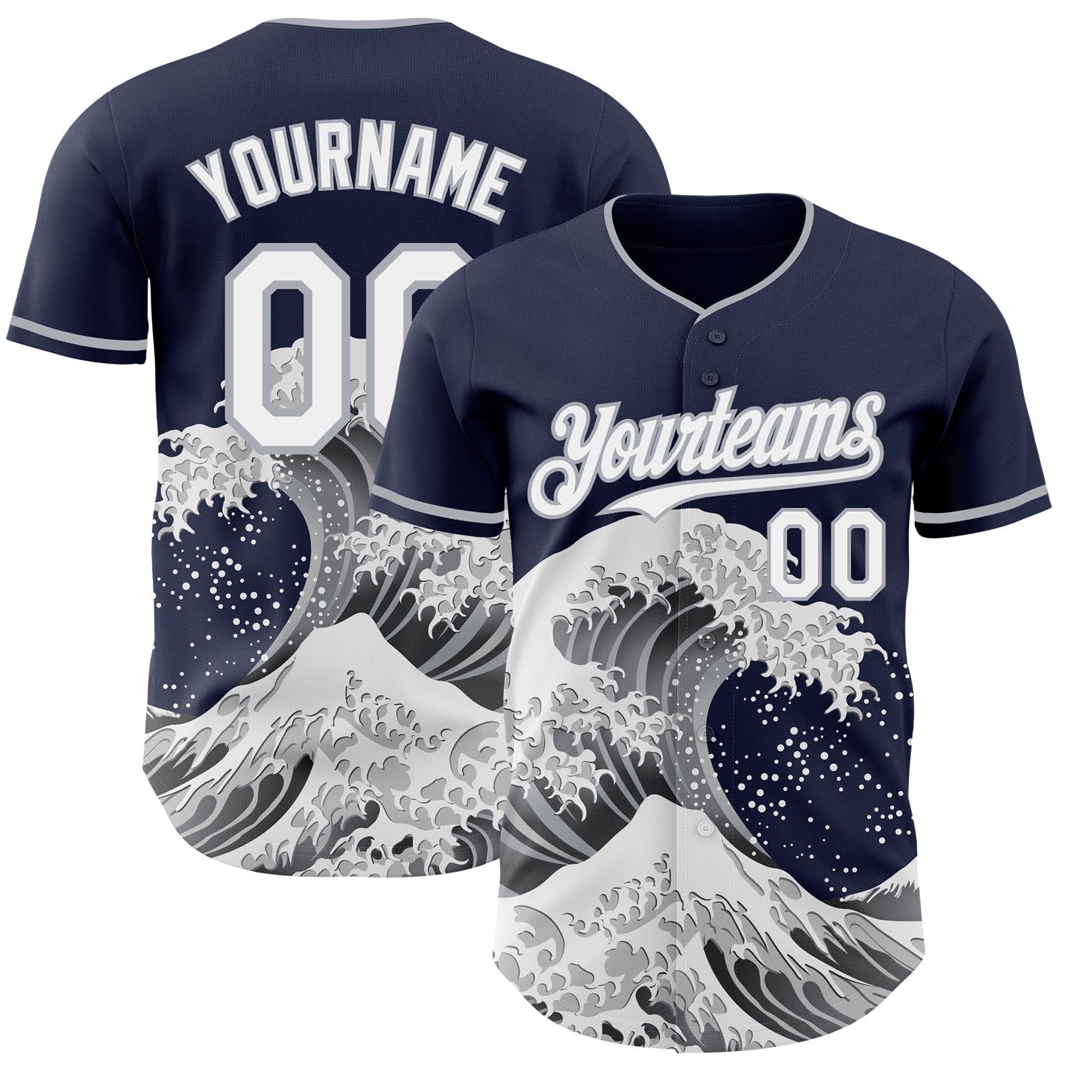 FansIdea Custom Navy White-Gray Japanese Wave Authentic Baseball Jersey - $29.99 at Proof Eyewear