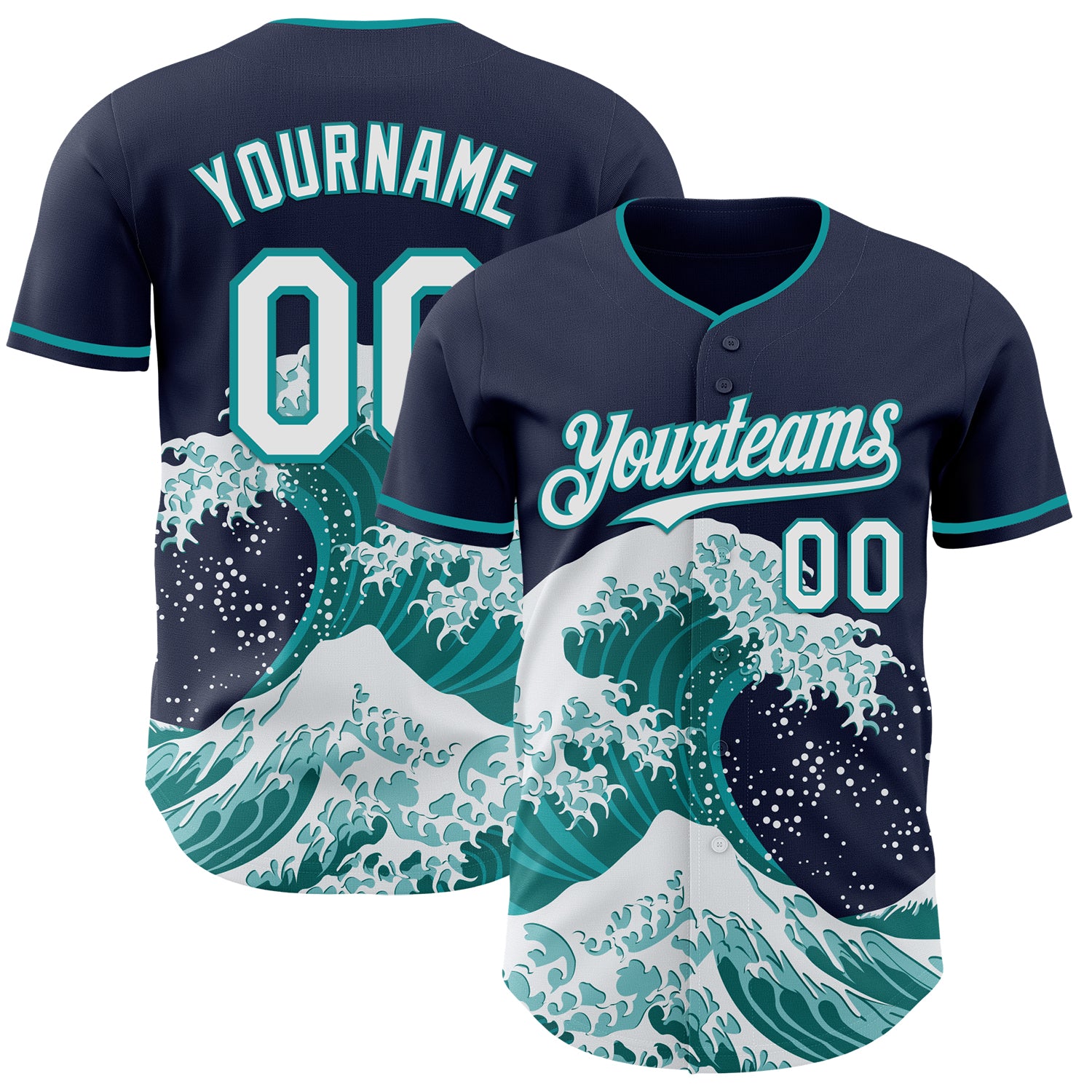 FansIdea Custom Navy White-Teal Japanese Wave Authentic Baseball Jersey - $29.99 at Proof Eyewear