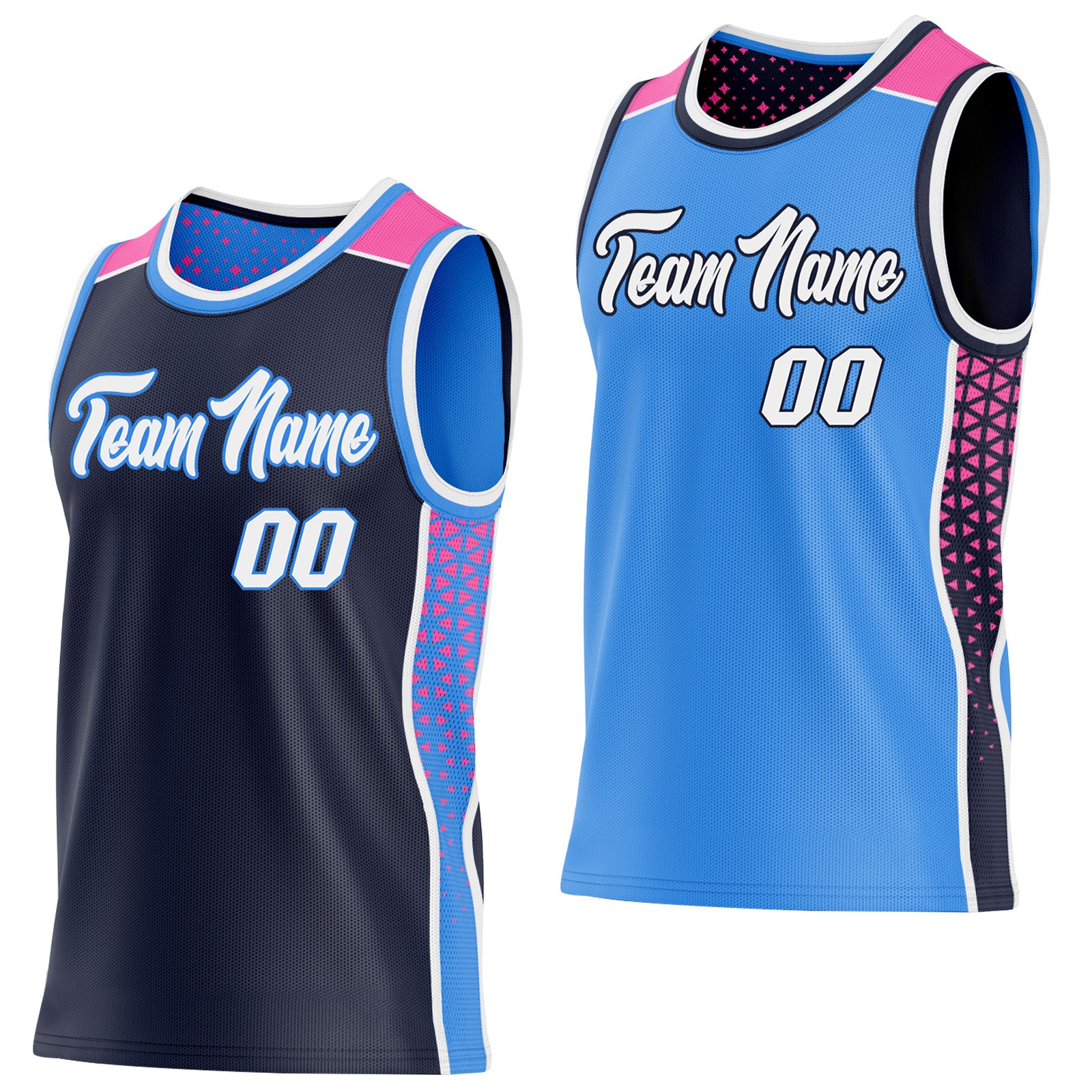 FansIdea Custom Navy White Powder Blue-Pink Side Panel Stripe Geometric Triangle Gradient Dot Reversible Double Side Sublimation Basketball Set Jersey - $17.99 at Proof Eyewear