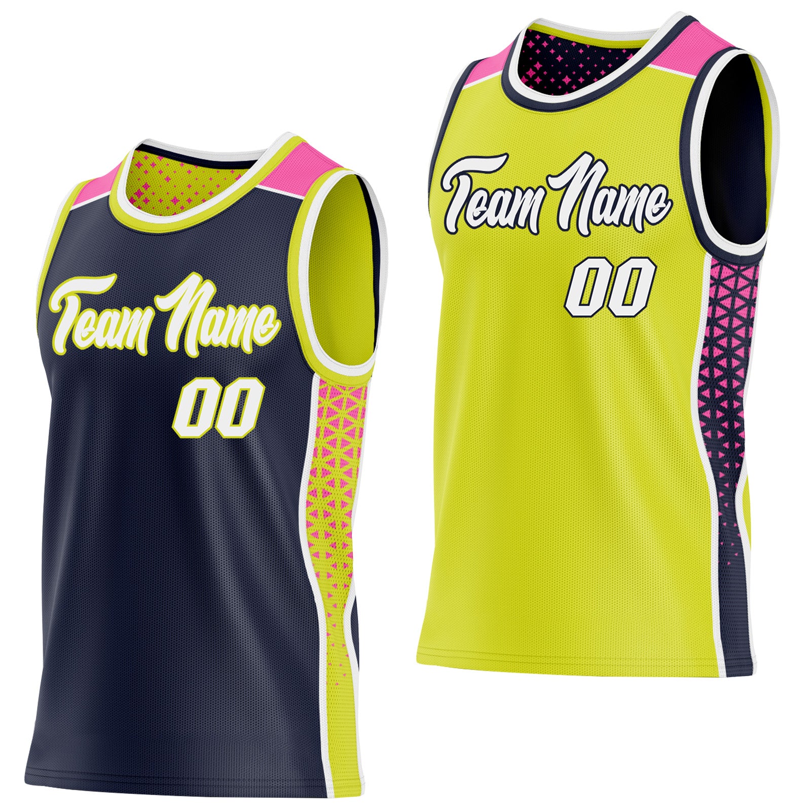 FansIdea Custom Navy White Neon Yellow-Pink Side Panel Stripe Geometric Triangle Gradient Dot Reversible Double Side Sublimation Basketball Set Jersey - $17.99 at Proof Eyewear