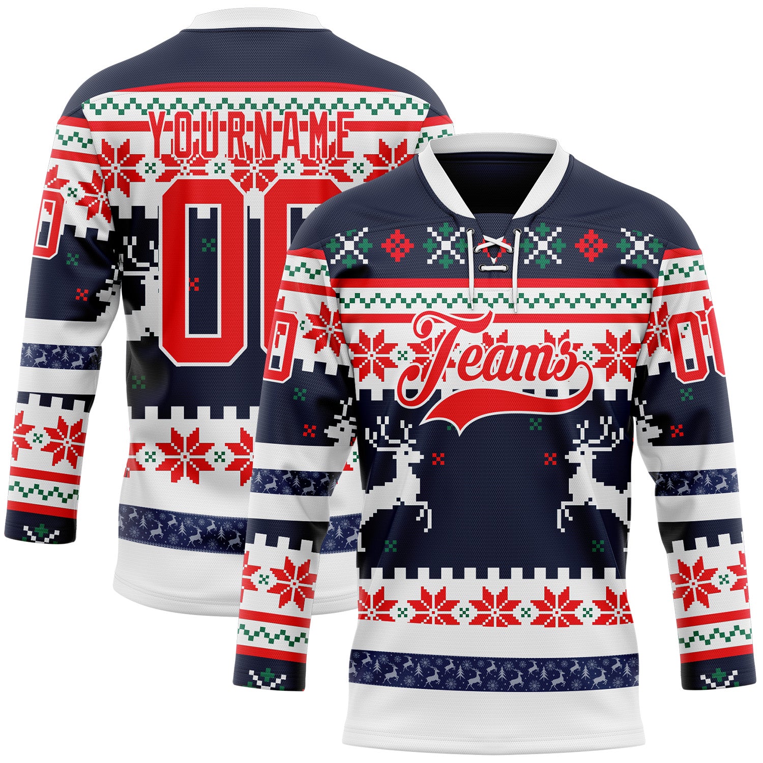 FansIdea Custom Navy Fire Red-White 3D Christmas Ugly Sweater Hockey Lace Neck Jersey - $29.99 at Proof Eyewear