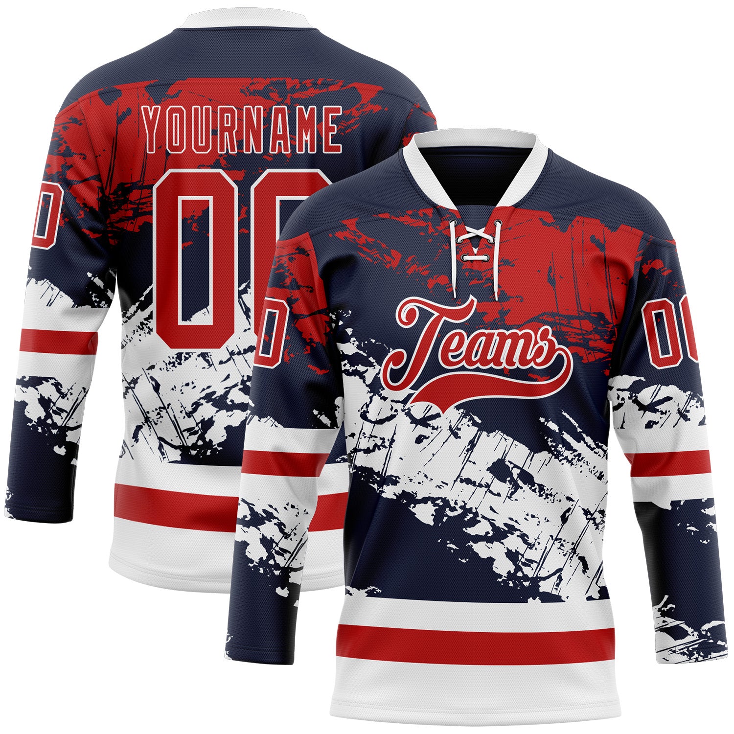 FansIdea Custom Navy Red-White Abstract Splatter Paint Hockey Lace Neck Jersey - $29.99 at Proof Eyewear
