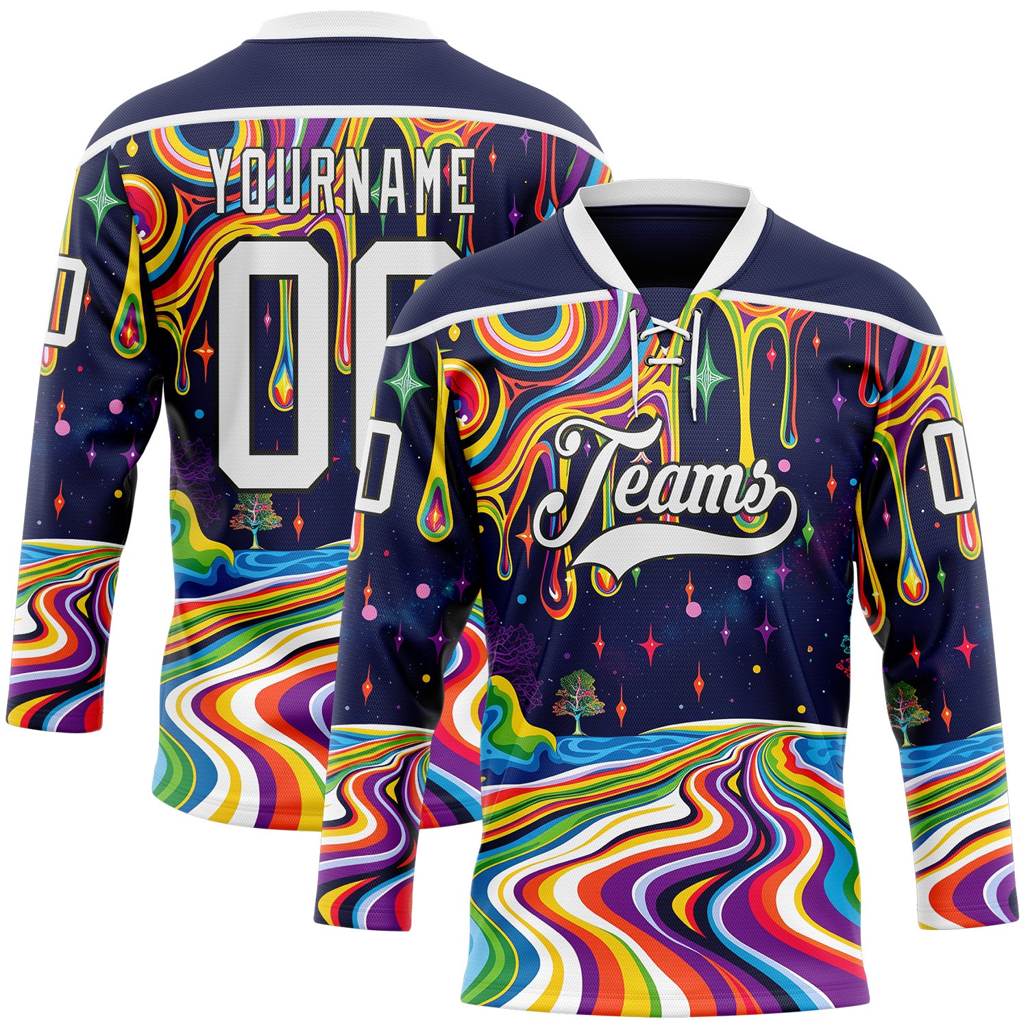 FansIdea Custom Navy White-Black Melting Psychedelic Lace Neck Hockey Jersey - $29.99 at Proof Eyewear
