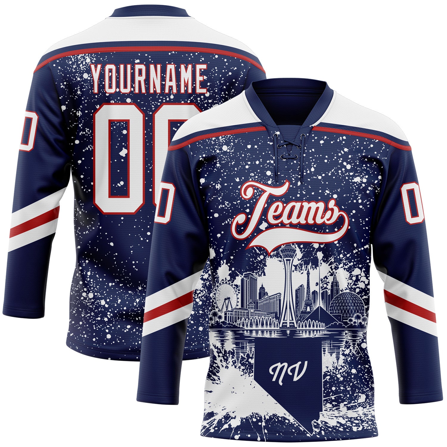 FansIdea Custom Navy White-Red Las Vegas NV City Skyline State Pride Paint Splatter Lace Neck Hockey Jersey - $29.99 at Proof Eyewear