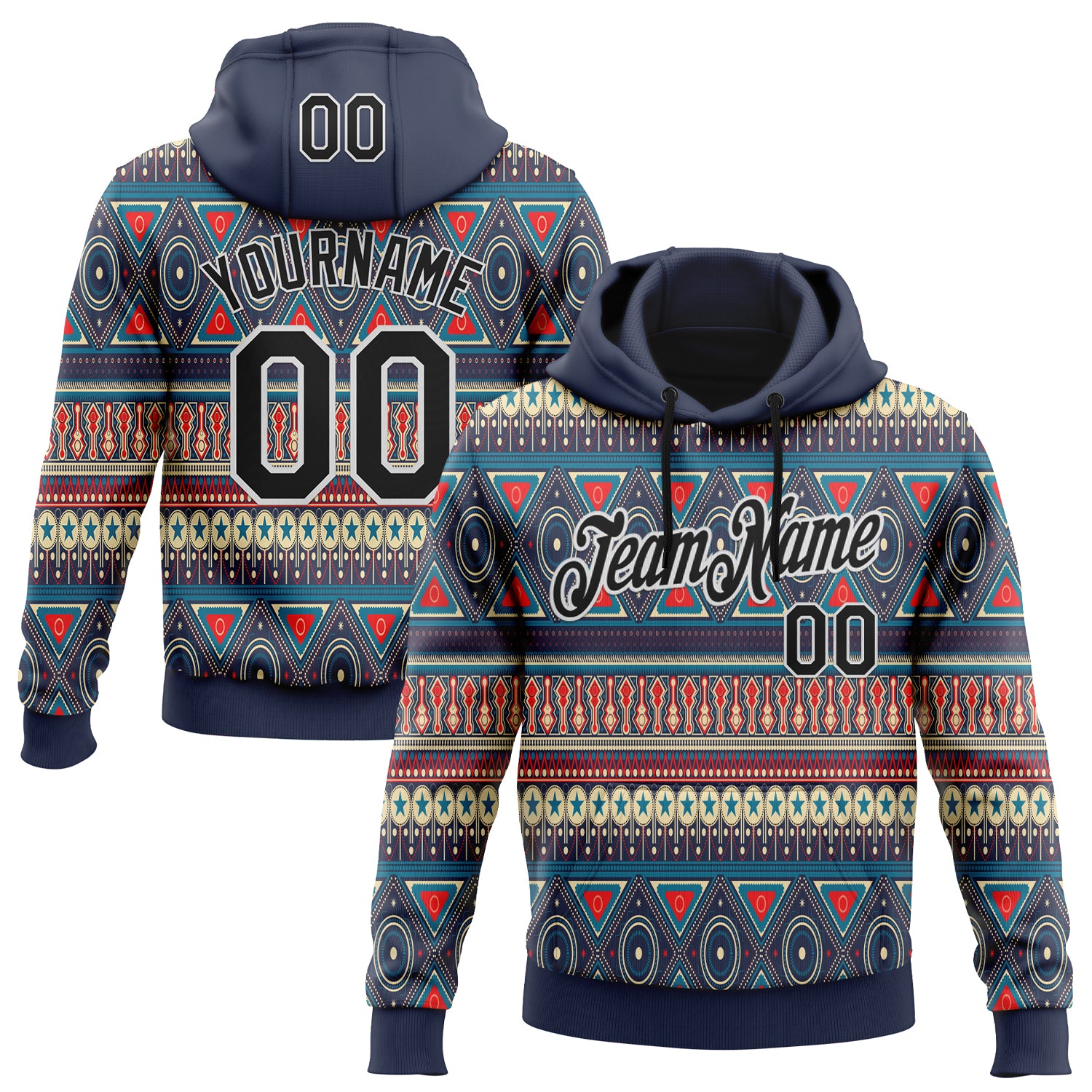 FansIdea Custom Stitched Navy Black-White 3D Pattern Design Tribal Ethnic Native American Sports Pullover Sweatshirt Hoodie - $32.99 at Proof Eyewear