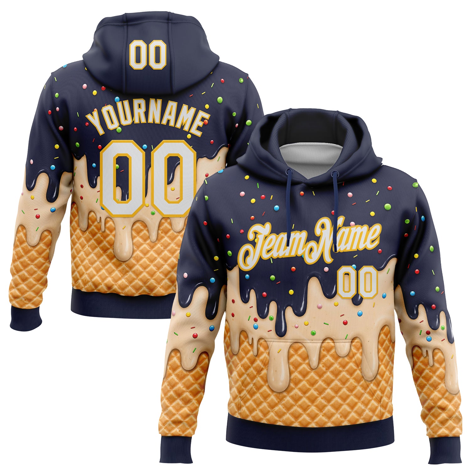 FansIdea Custom Stitched Navy White-Gold Ice Cream Waffle Foodie Dessert Pullover Sweatshirt Hoodie - $32.99 at Proof Eyewear