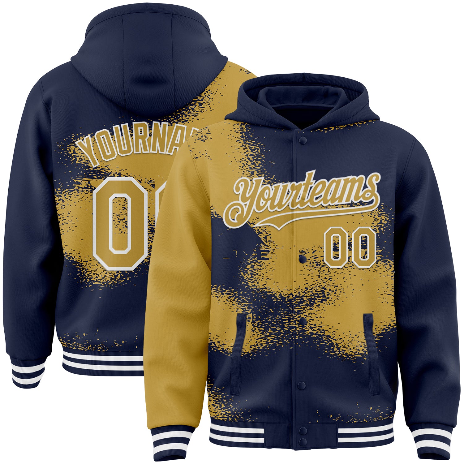 FansIdea Custom Navy Old Gold-White Abstract Color Blocks Fragment Pattern Bomber Full-Snap Varsity Letterman Hoodie Jacket - $38.99 at Proof Eyewear