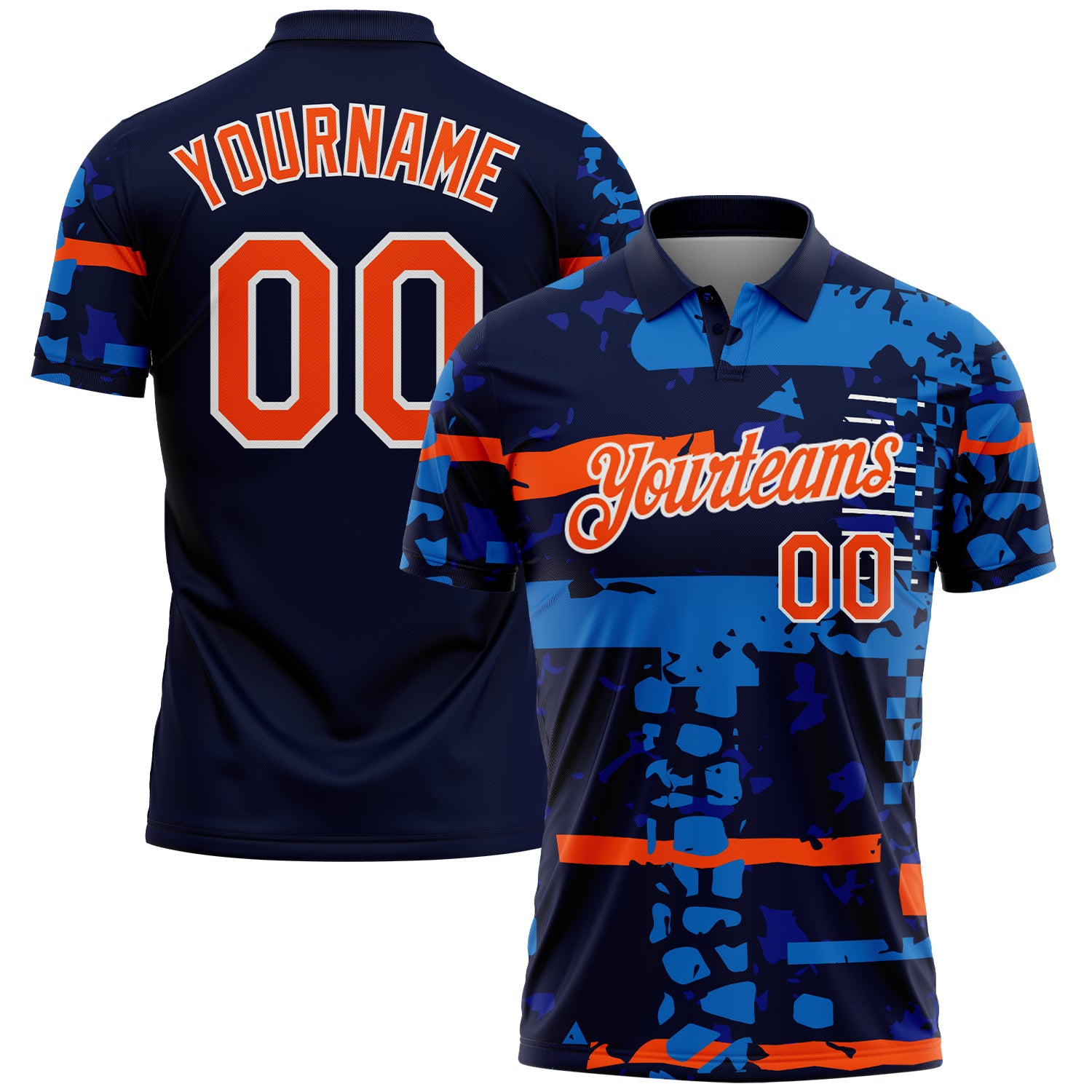 FansIdea Custom Navy Orange-White Abstract Geometric Grunge Fragment Performance Polo Shirt - $19.99 at Proof Eyewear