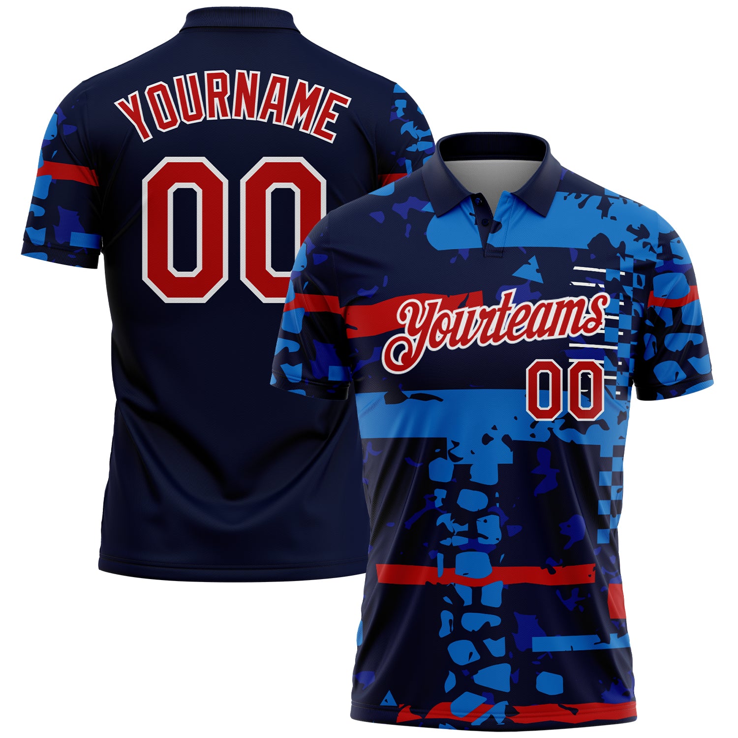 FansIdea Custom Navy Red-White Abstract Geometric Grunge Fragment Performance Polo Shirt - $19.99 at Proof Eyewear