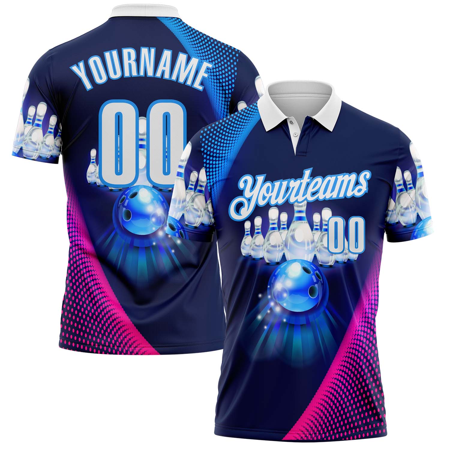 FansIdea Custom Navy White Hot Pink-Blue Bowling Neon Performance Polo Shirt - $19.99 at Proof Eyewear