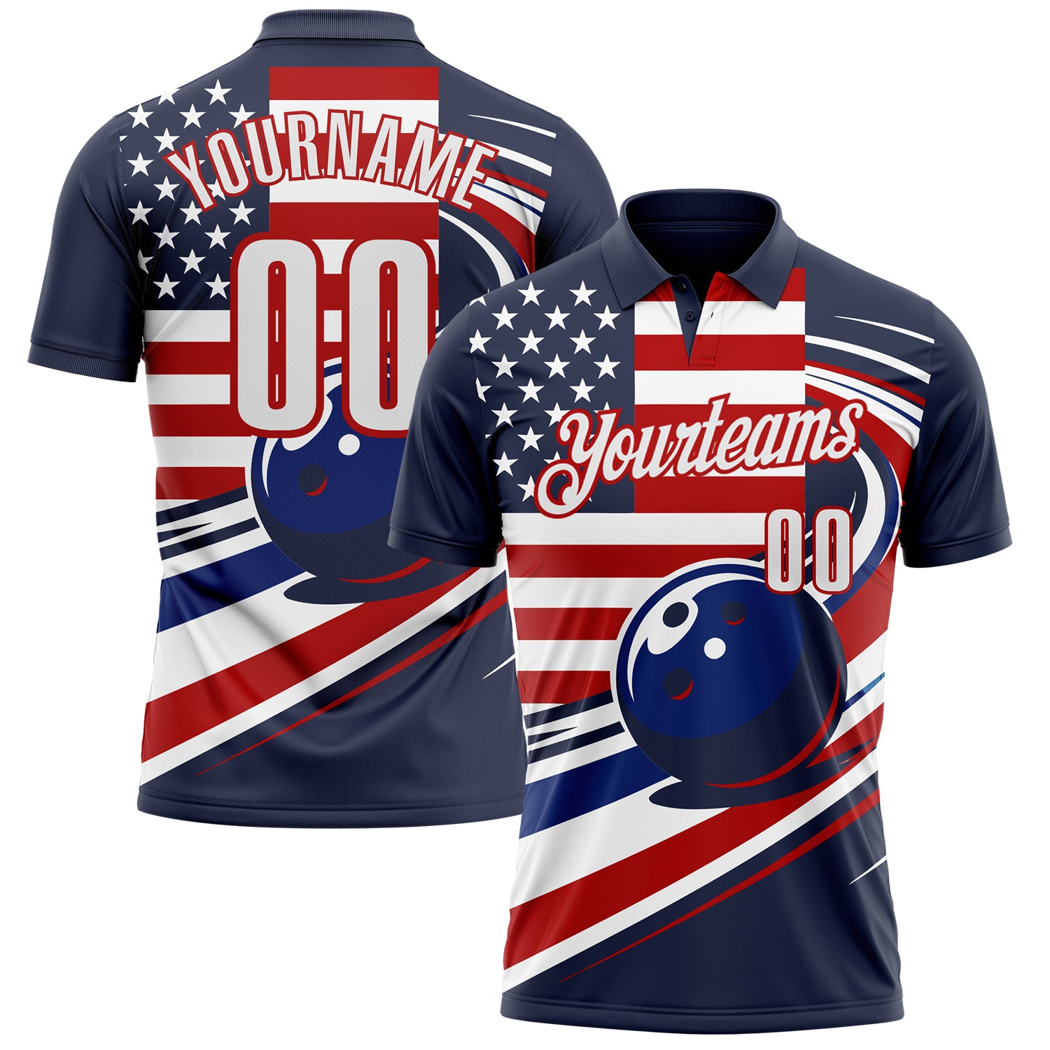 FansIdea Custom Navy White Royal-Red Patriotic American Flag Bowling Ball Performance Polo Shirt - $19.99 at Proof Eyewear