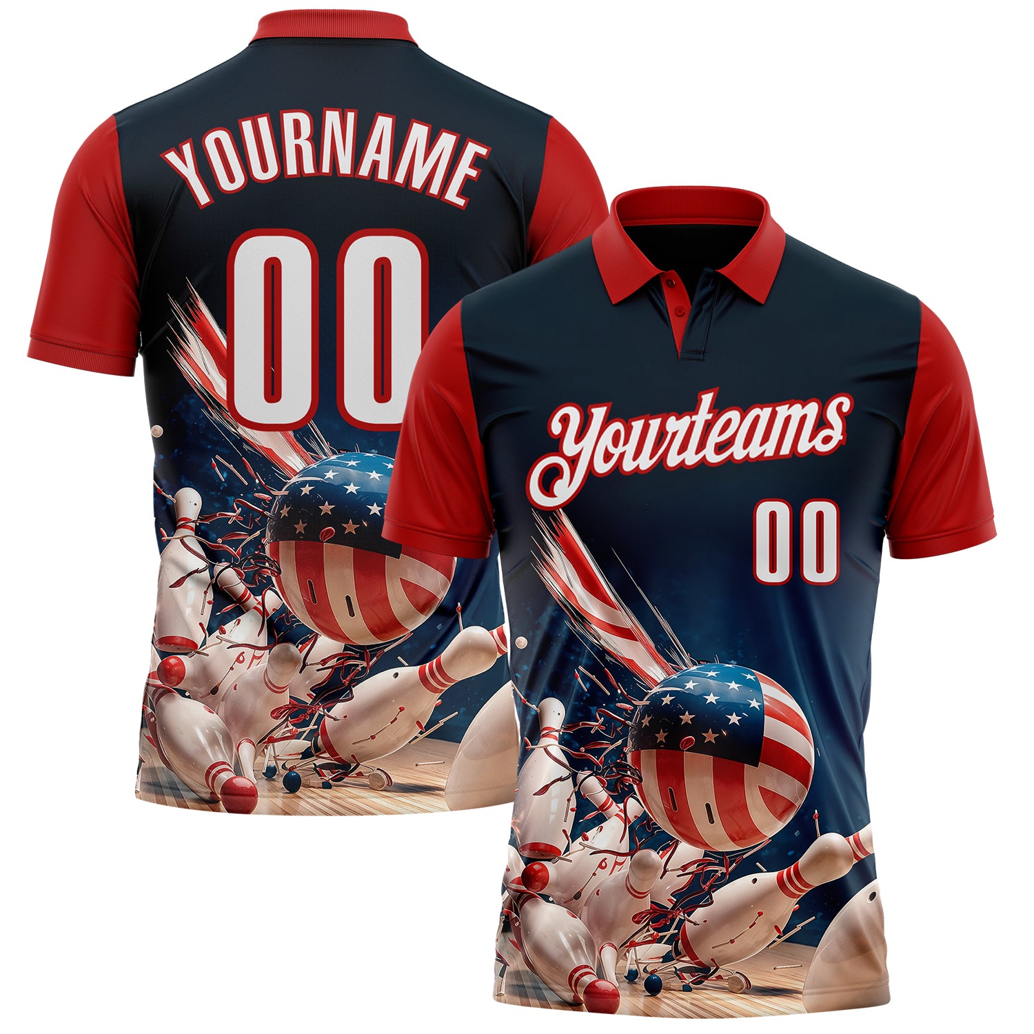 FansIdea Custom Navy White-Red Patriotic American Flag Bowling Ball And Pins Strike Performance Polo Shirt - $19.99 at Proof Eyewear
