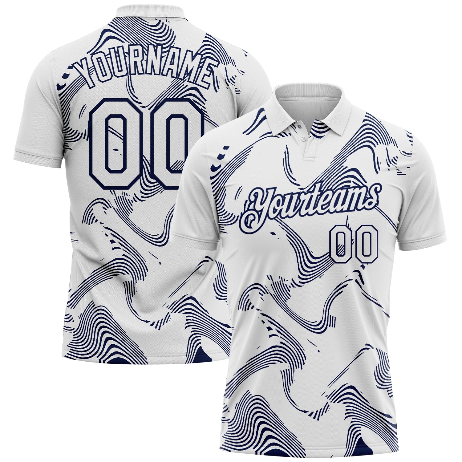 FansIdea Custom White-Navy 3D Pattern Abstract Fluid Swirl Line Performance Polo Shirt - $19.99 at Proof Eyewear