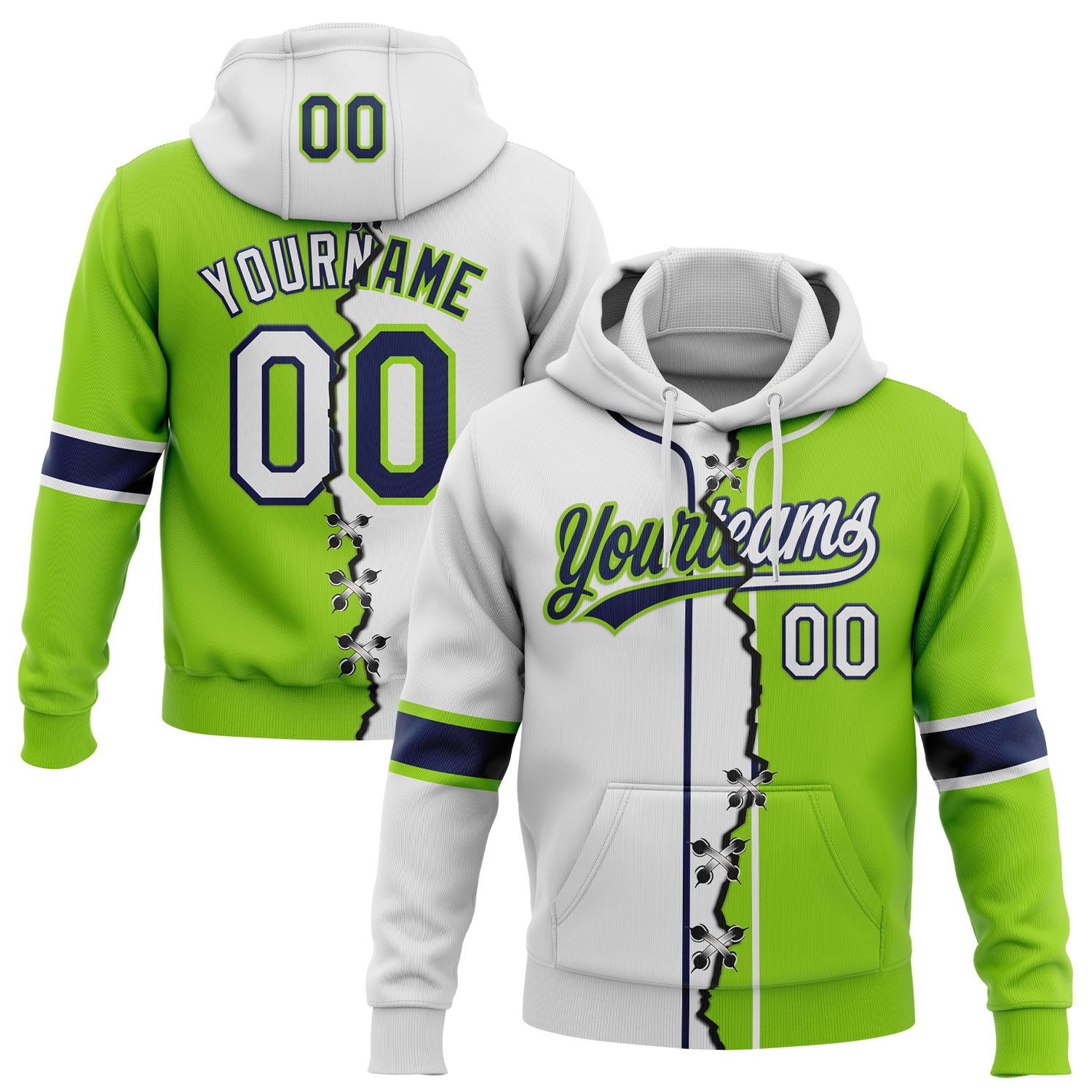FansIdea Custom Neon Green White-Navy Split Ripped Pattern Baseball Pullover Sweatshirt Hoodie - $32.99 at Proof Eyewear