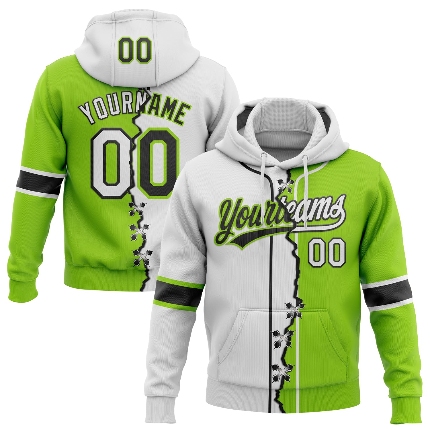 FansIdea Custom Neon Green White-Black Split Ripped Pattern Baseball Pullover Sweatshirt Hoodie - $32.99 at Proof Eyewear