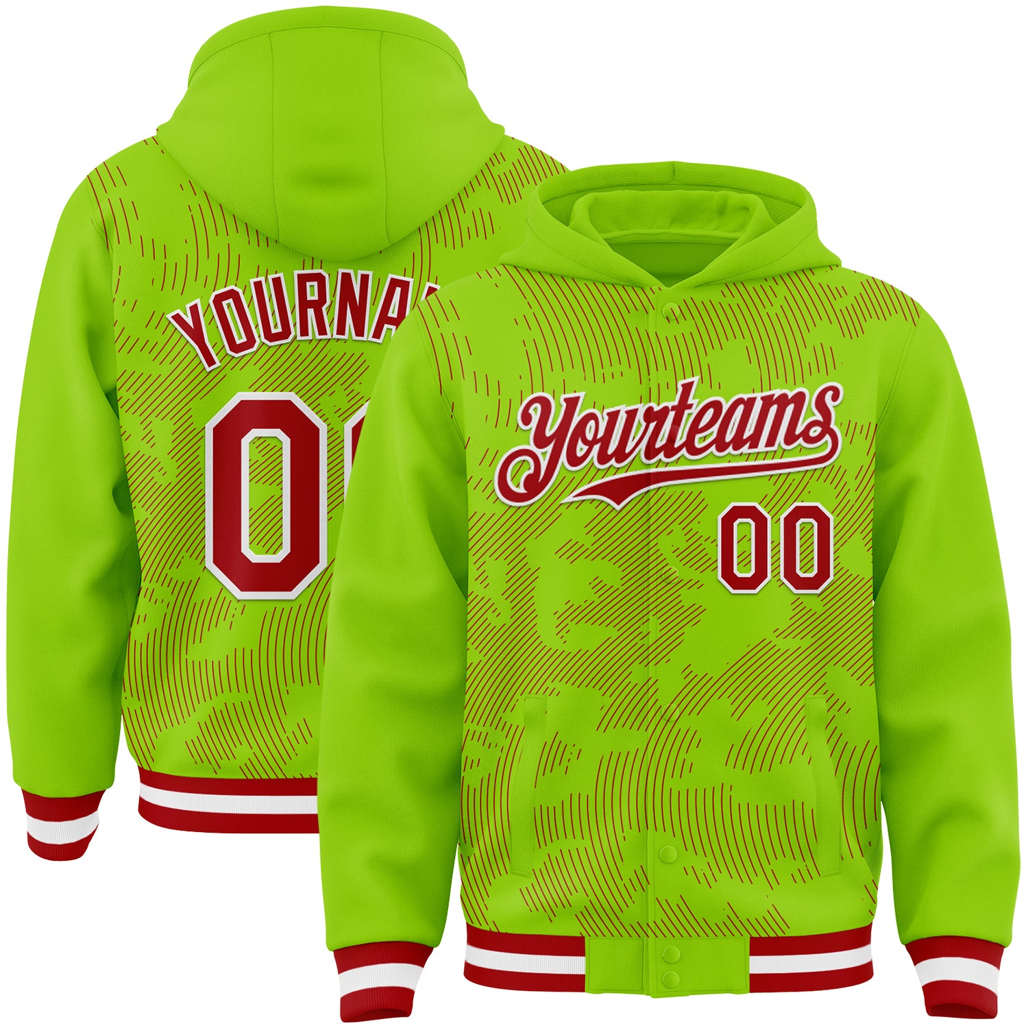 FansIdea Custom Neon Green Red-White Curve Lines Bomber Full-Snap Varsity Letterman Hoodie Jacket - $38.99 at Proof Eyewear