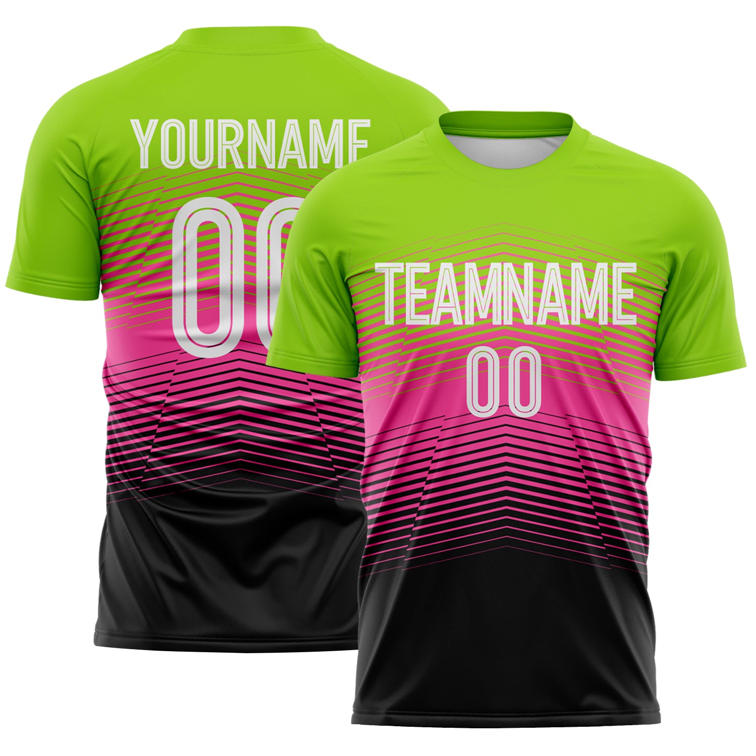FansIdea Custom Neon Green White Pink-Black Gradient V Stripe Sublimation Soccer Uniform Jersey - $16.99 at Proof Eyewear