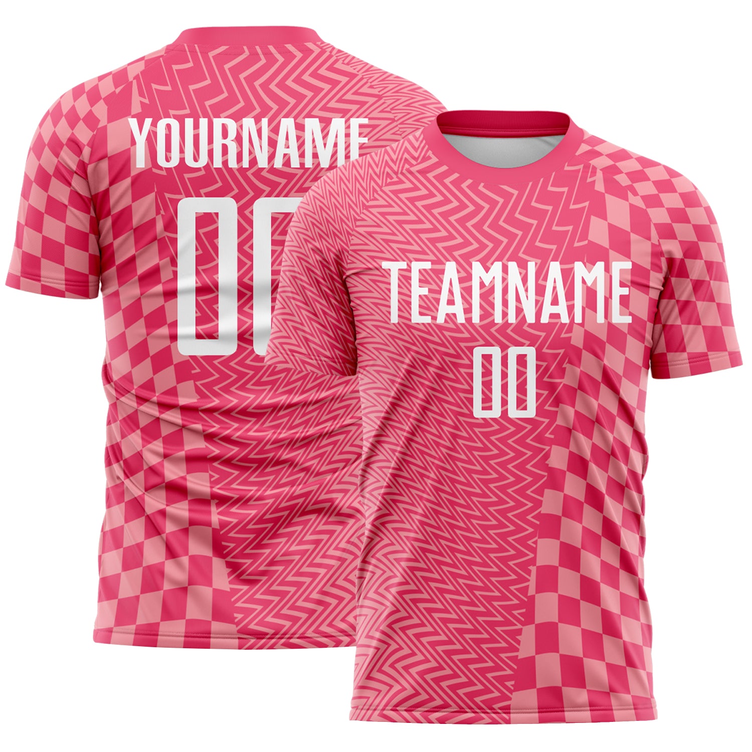 FansIdea Custom Neon Pink White-Medium Pink Geometric Patchwork Asymmetry Checkered Zigzag Lines Sublimation Soccer Uniform Jersey - $16.99 at Proof Eyewear