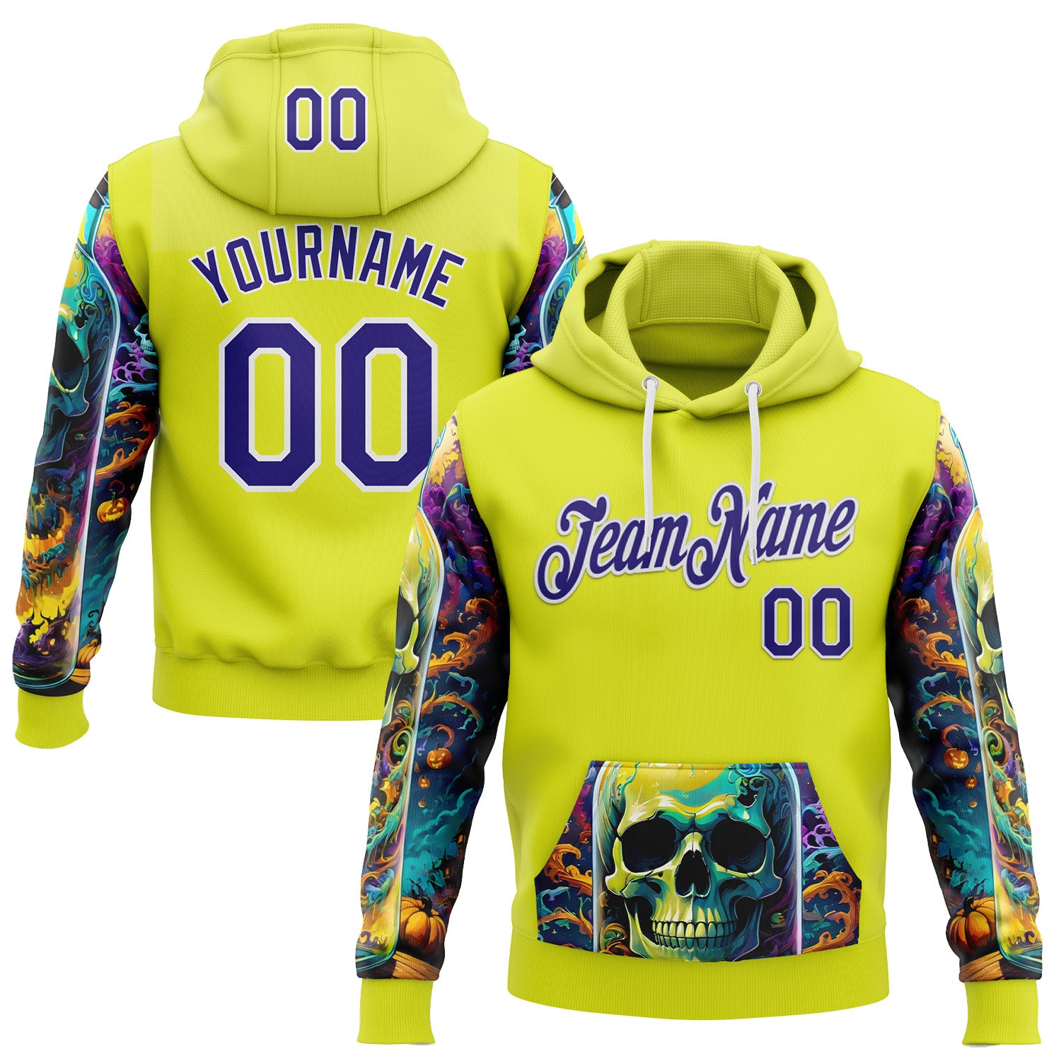 FansIdea Custom Neon Yellow Dark Purple-White 3D Skull Psychedelic Sports Pullover Sweatshirt Hoodie - $32.99 at Proof Eyewear