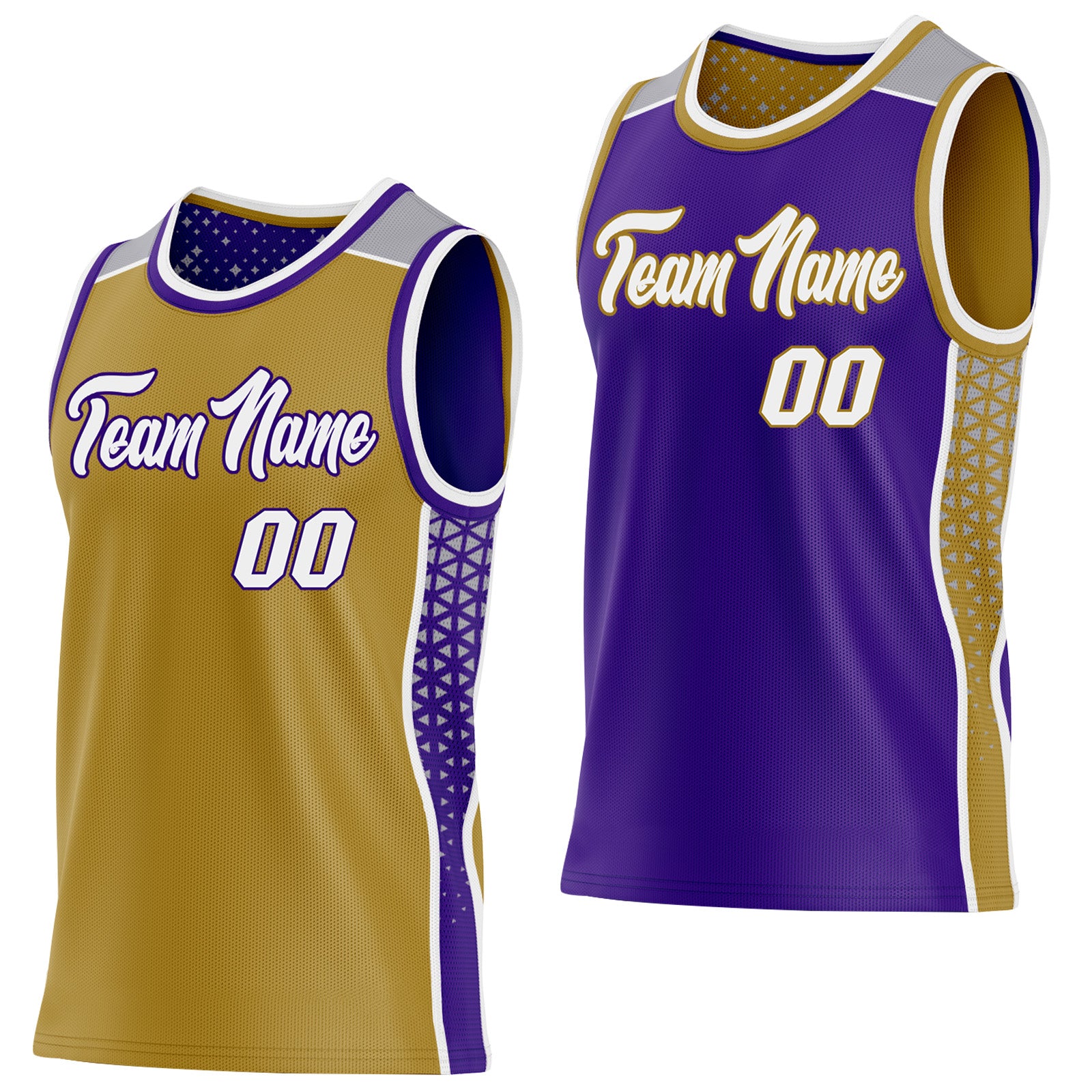 FansIdea Custom Old Gold White Purple-Gray Side Panel Stripe Geometric Triangle Gradient Dot Reversible Double Side Sublimation Basketball Set Jersey - $17.99 at Proof Eyewear