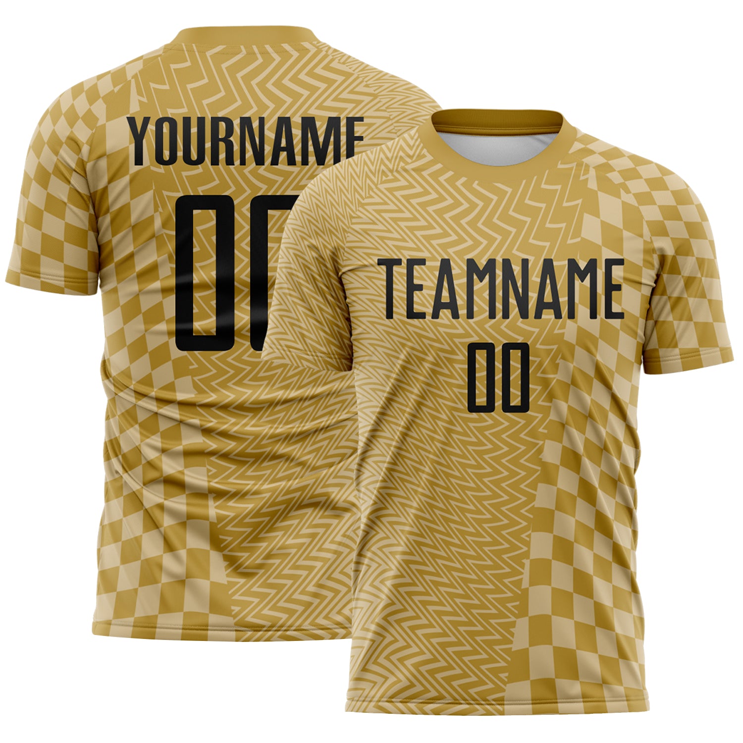 FansIdea Custom Old Gold-White Geometric Patchwork Asymmetry Checkered Zigzag Lines Sublimation Soccer Uniform Jersey - $16.99 at Proof Eyewear