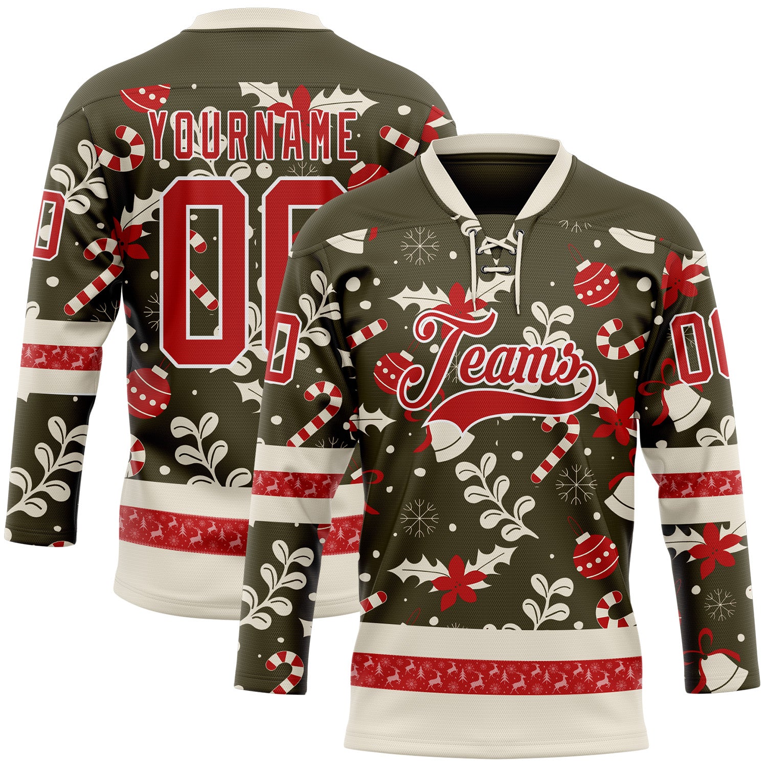 FansIdea Custom Olive Red-White 3D Christmas Hockey Lace Neck Jersey - $29.99 at Proof Eyewear