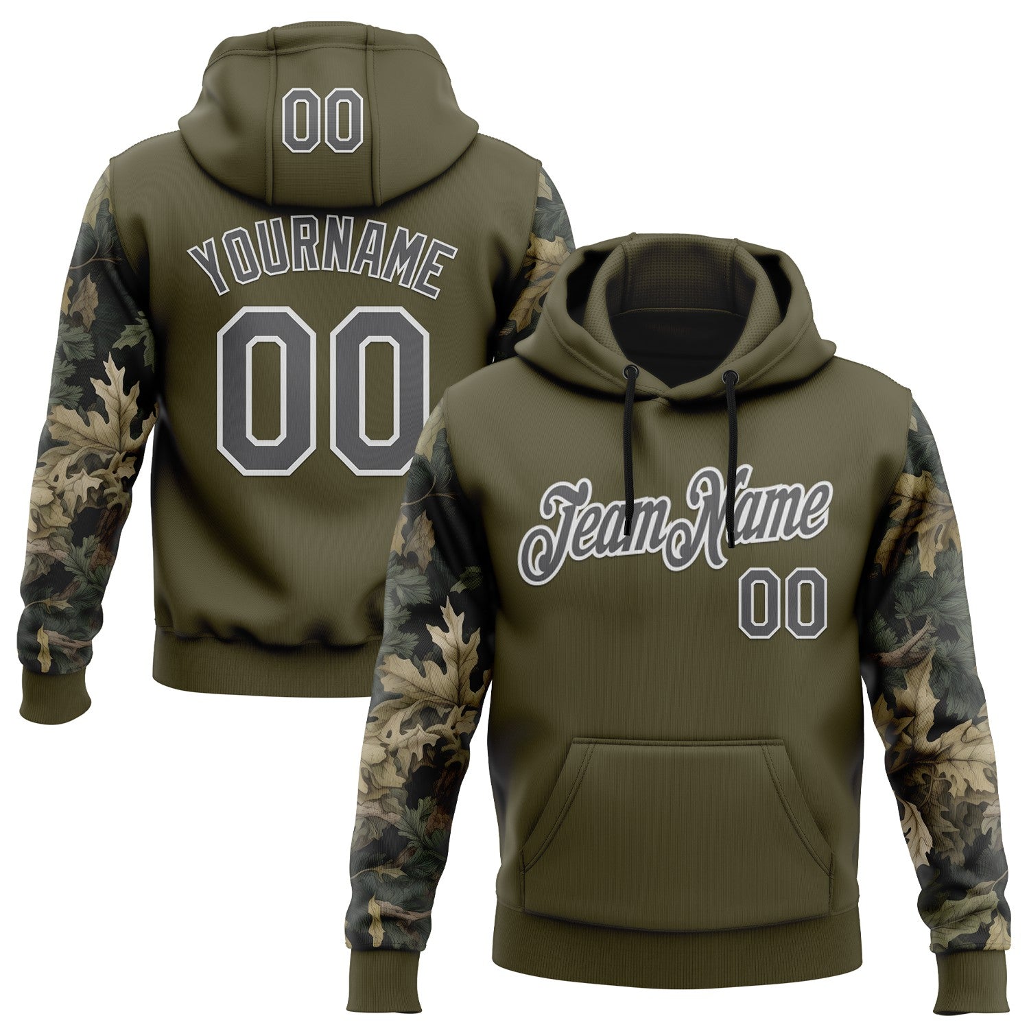 FansIdea Custom Stitched Olive Steel Gray-White 3D Pattern Design Tree Camo Hunting Sports Pullover Sweatshirt Salute To Service Hoodie - $32.99 at Proof Eyewear