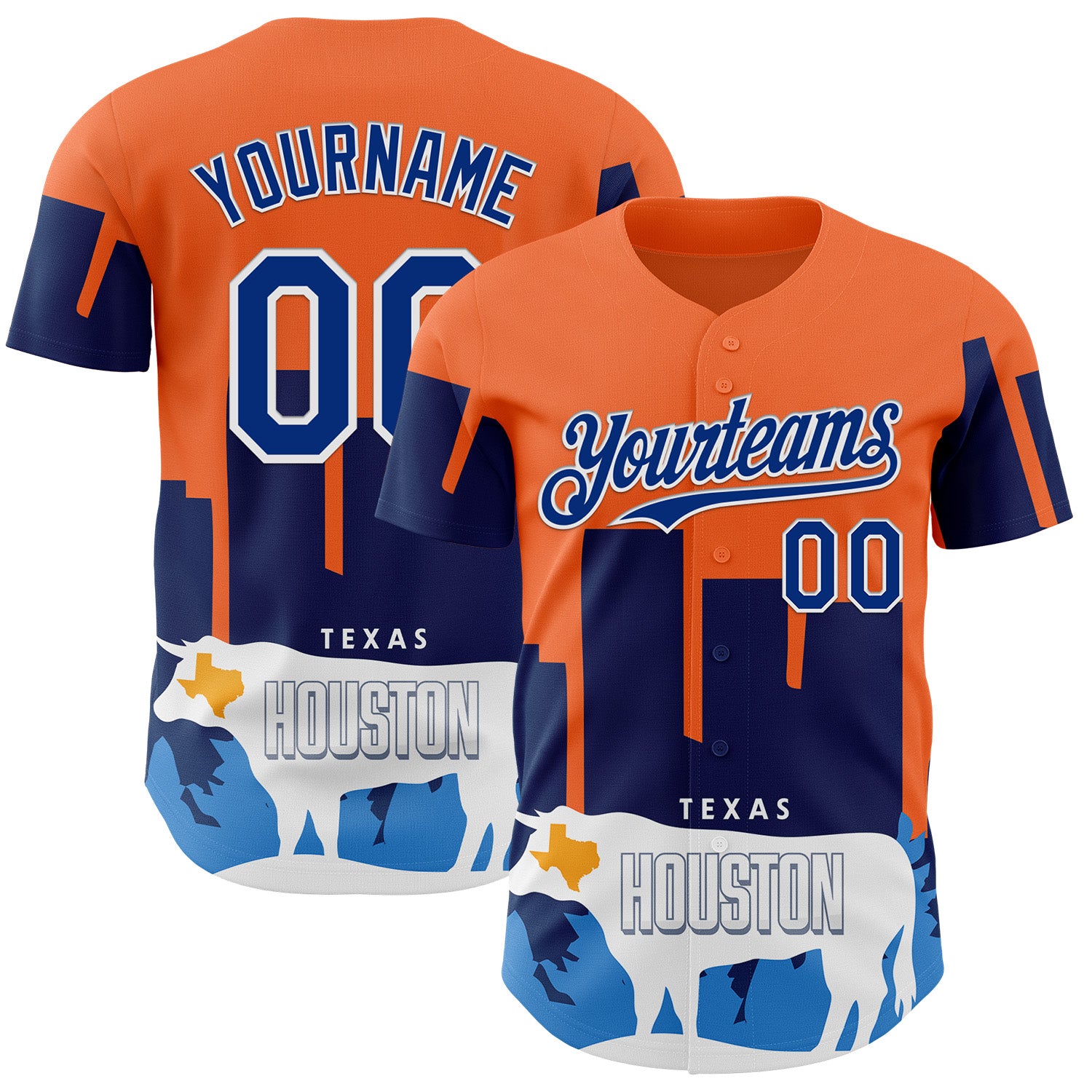 FansIdea Custom Orange Royal-White Houston Texas Cityscape Landmark City Symbol Authentic Baseball Jersey - $29.99 at Proof Eyewear