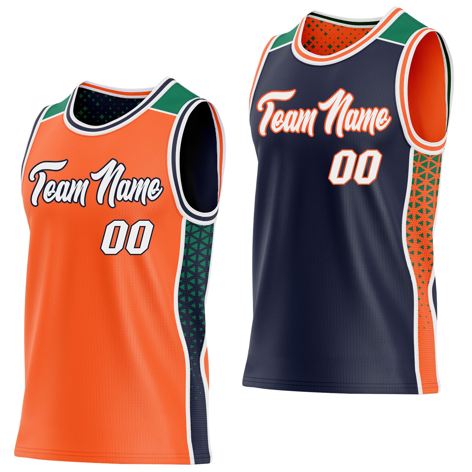 FansIdea Custom Orange White Navy-Kelly Green Side Panel Stripe Geometric Triangle Gradient Dot Reversible Double Side Sublimation Basketball Set Jersey - $17.99 at Proof Eyewear