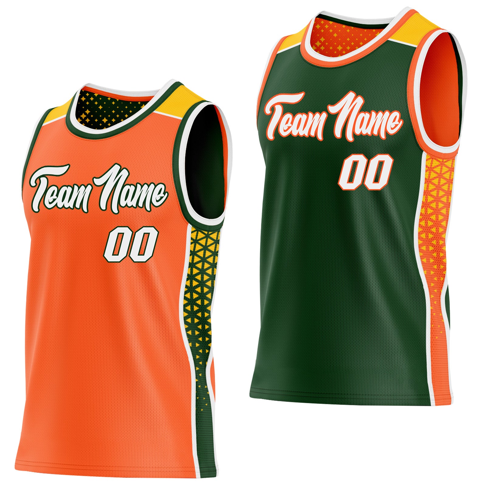 FansIdea Custom Orange White Green-Gold Side Panel Stripe Geometric Triangle Gradient Dot Reversible Double Side Sublimation Basketball Set Jersey - $17.99 at Proof Eyewear