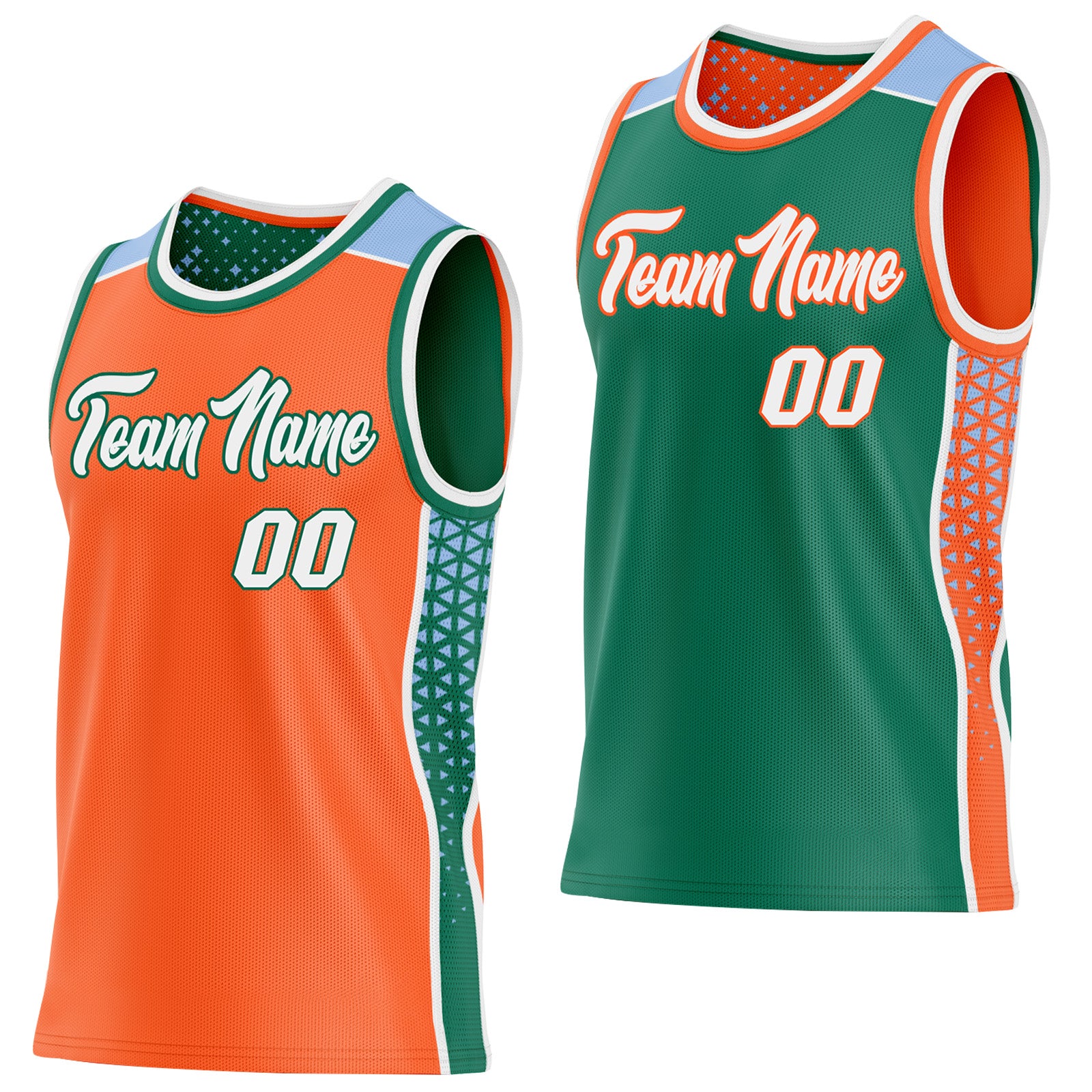 FansIdea Custom Orange White Kelly Green-Light Blue Side Panel Stripe Geometric Triangle Gradient Dot Reversible Double Side Sublimation Basketball Set Jersey - $17.99 at Proof Eyewear