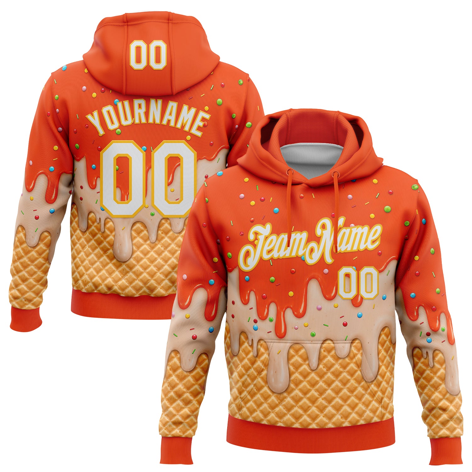 FansIdea Custom Stitched Orange White-Gold Ice Cream Waffle Foodie Dessert Pullover Sweatshirt Hoodie - $32.99 at Proof Eyewear