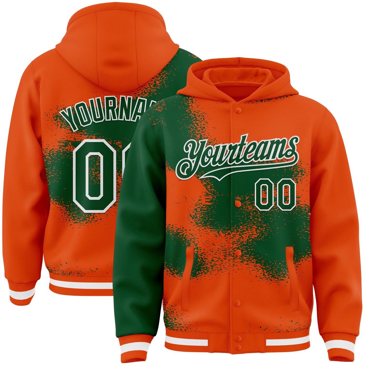 FansIdea Custom Orange Green-White Abstract Color Blocks Fragment Pattern Bomber Full-Snap Varsity Letterman Hoodie Jacket - $38.99 at Proof Eyewear