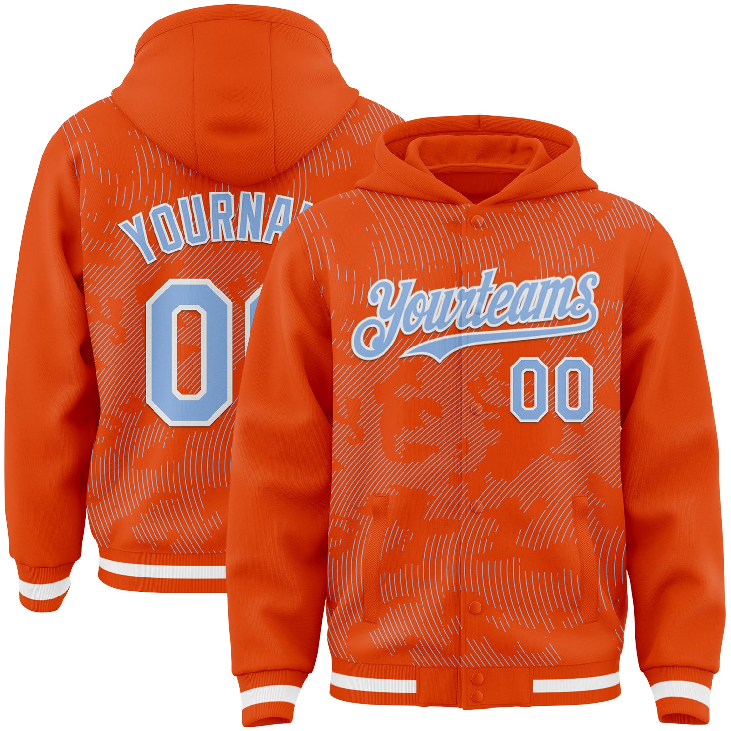 FansIdea Custom Orange Light Blue-White Curve Lines Bomber Full-Snap Varsity Letterman Hoodie Jacket - $38.99 at Proof Eyewear