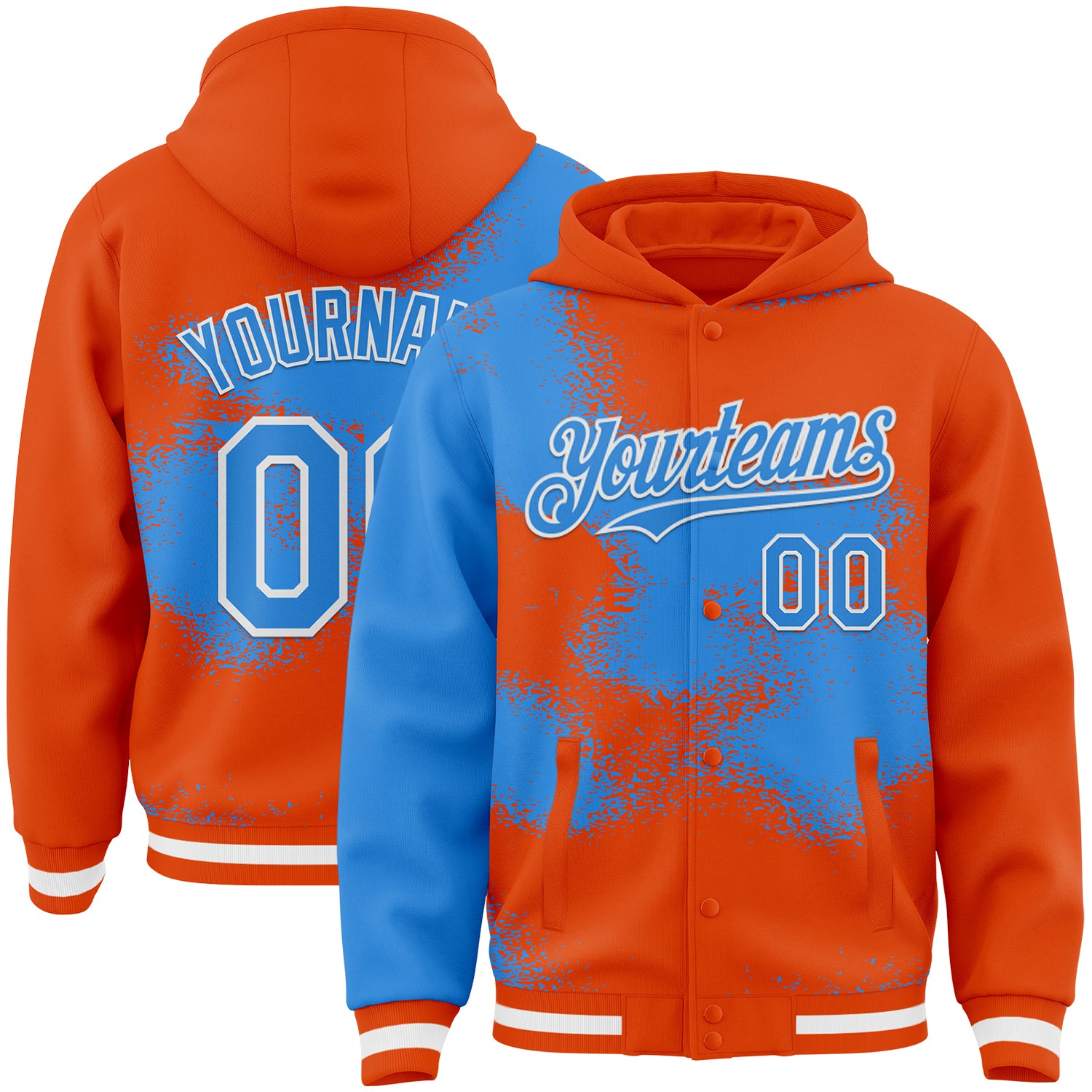 FansIdea Custom Orange Powder Blue-White Abstract Color Blocks Fragment Pattern Bomber Full-Snap Varsity Letterman Hoodie Jacket - $38.99 at Proof Eyewear
